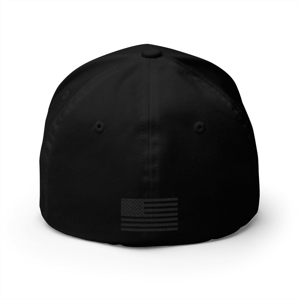 Embroidered military-style cap in black with front U.S. flag patch emblem