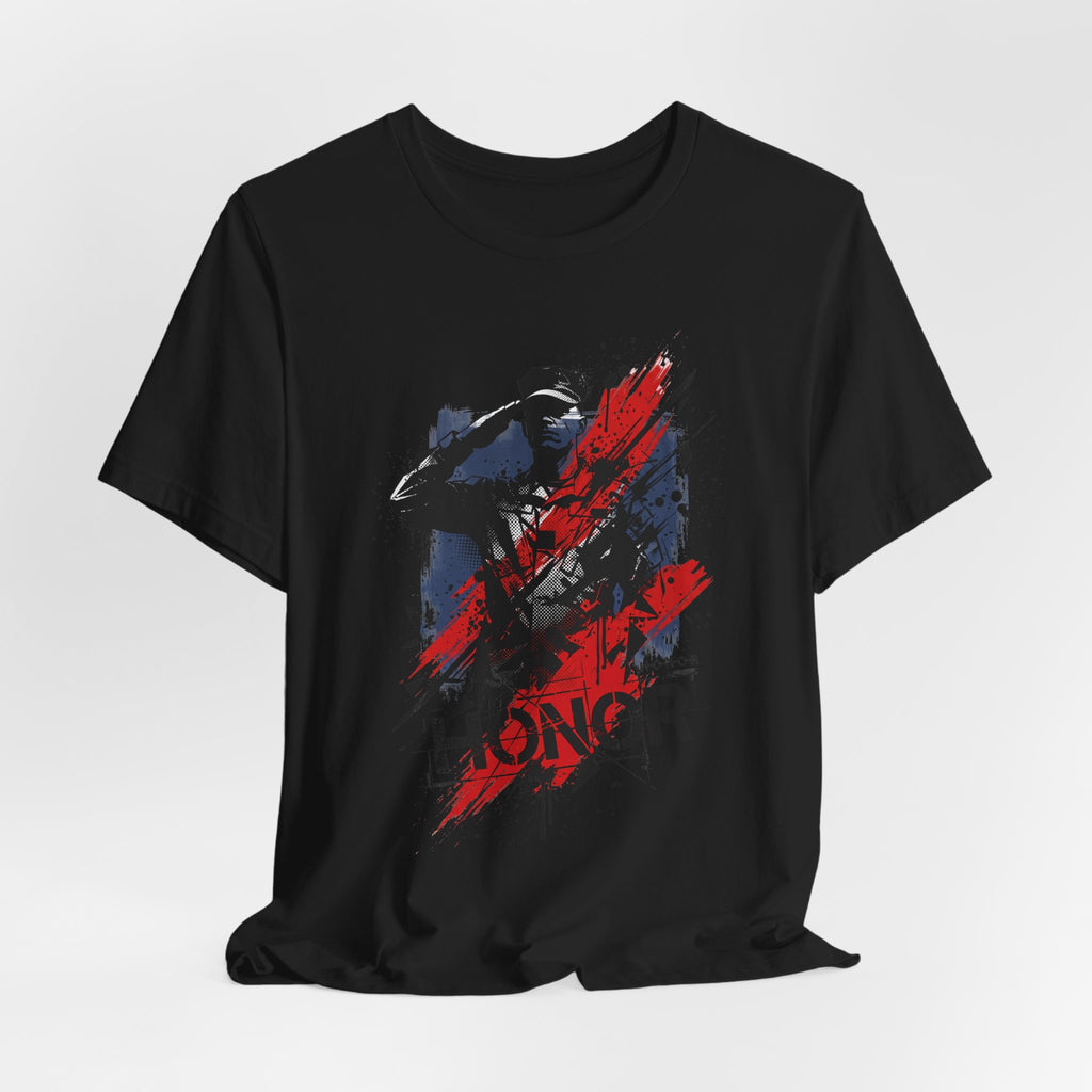 Black T-shirt with soldier silhouette graphic and red-blue paint splatter, centered