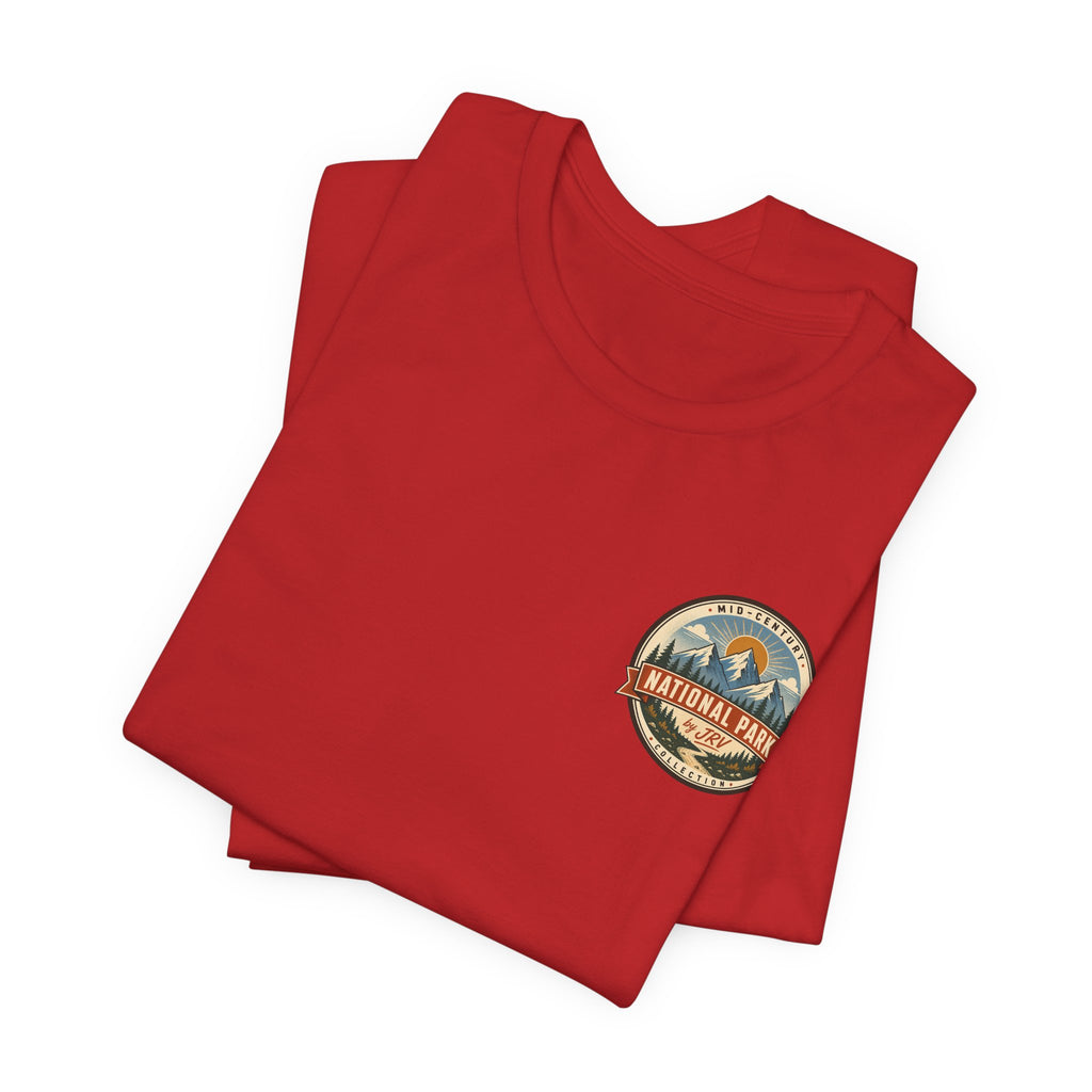 Red T-shirt set with small circular Yellowstone National Park style emblem