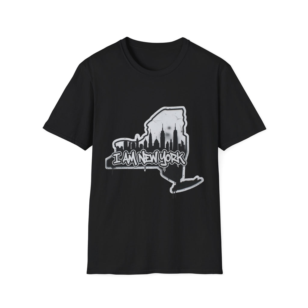 I AM NEW YORK graffiti T-shirt in black with skyline and text print
