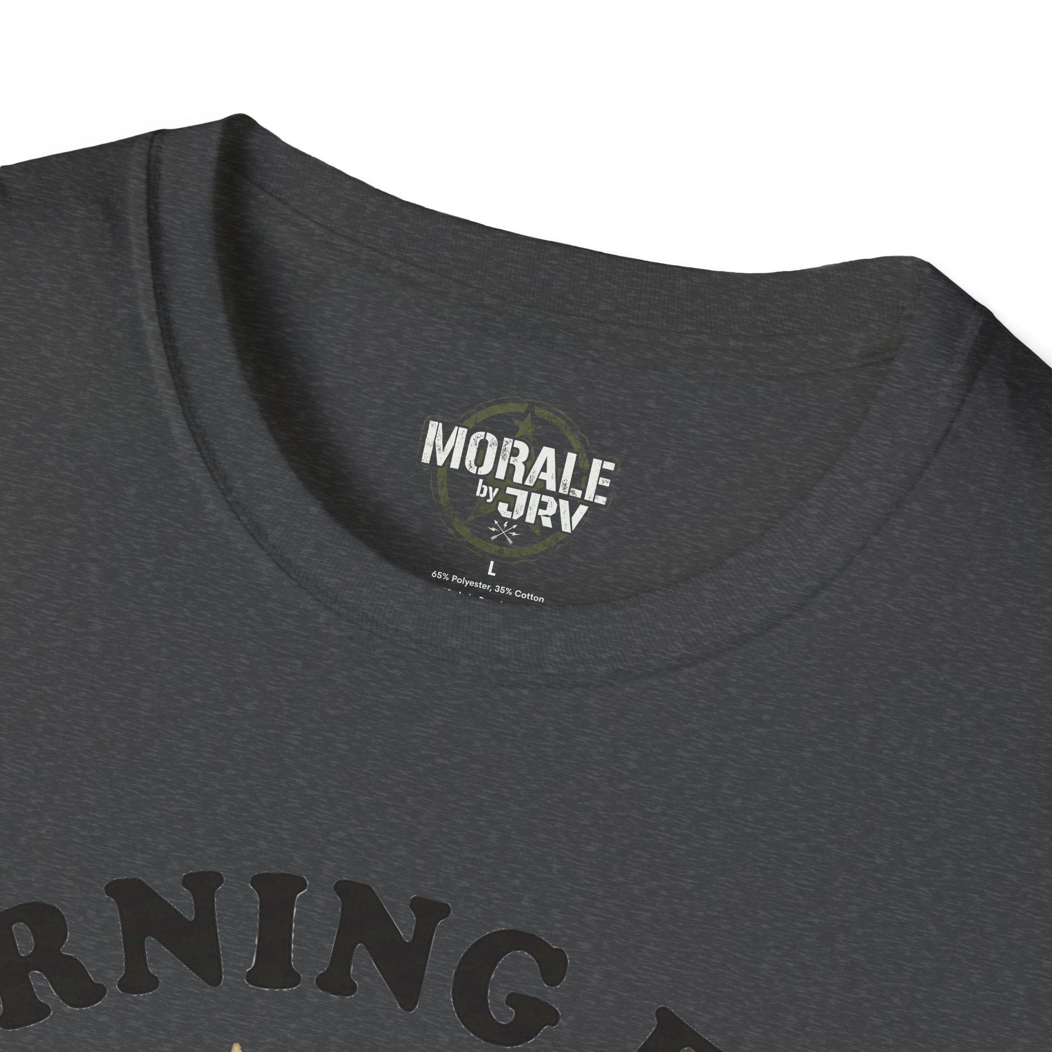 Dark heather T-shirt neck logo reading “MORALE by JTRV”
