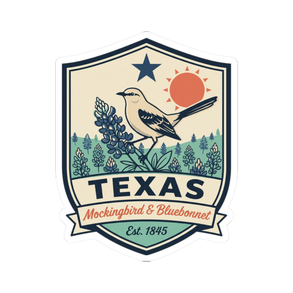 Kiss-cut Texas sticker showing mockingbird, bluebonnets, star, sun, TEXAS, and Est. 1845