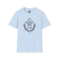 Light blue t-shirt with chest star-and-laurel diamond emblem, 1776 and outlined star design