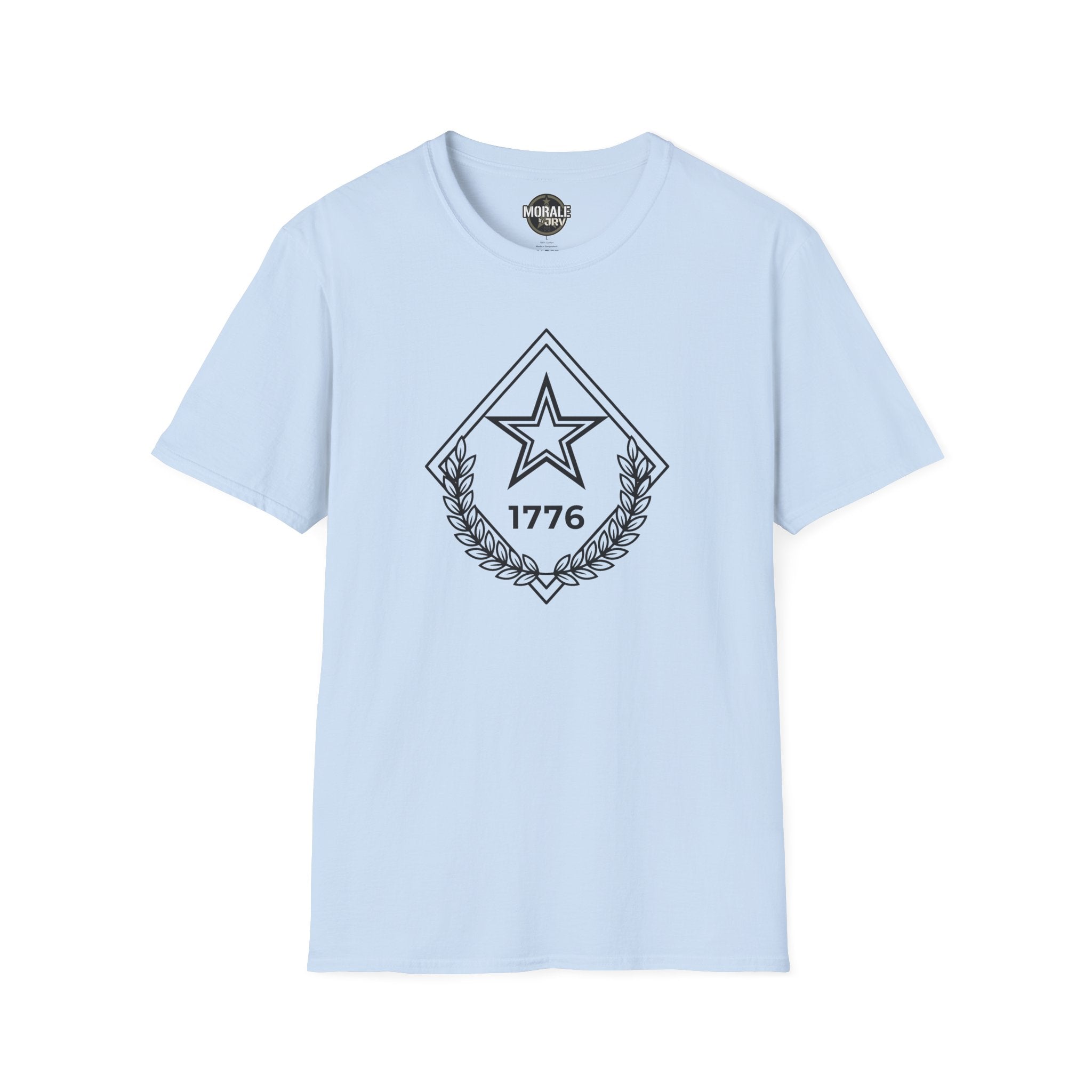Light blue t-shirt with chest star-and-laurel diamond emblem, 1776 and outlined star design