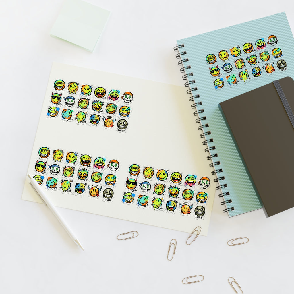 Emoji face sticker sheet with die-cut expressions, bright icons near notebook and binder