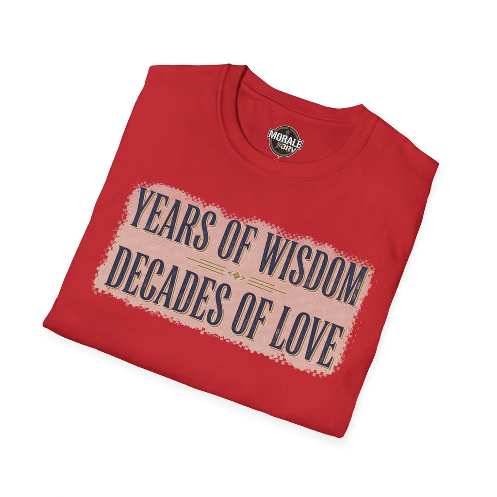 Red T-shirt with “Years of Wisdom Decades of Love” distressed quote print