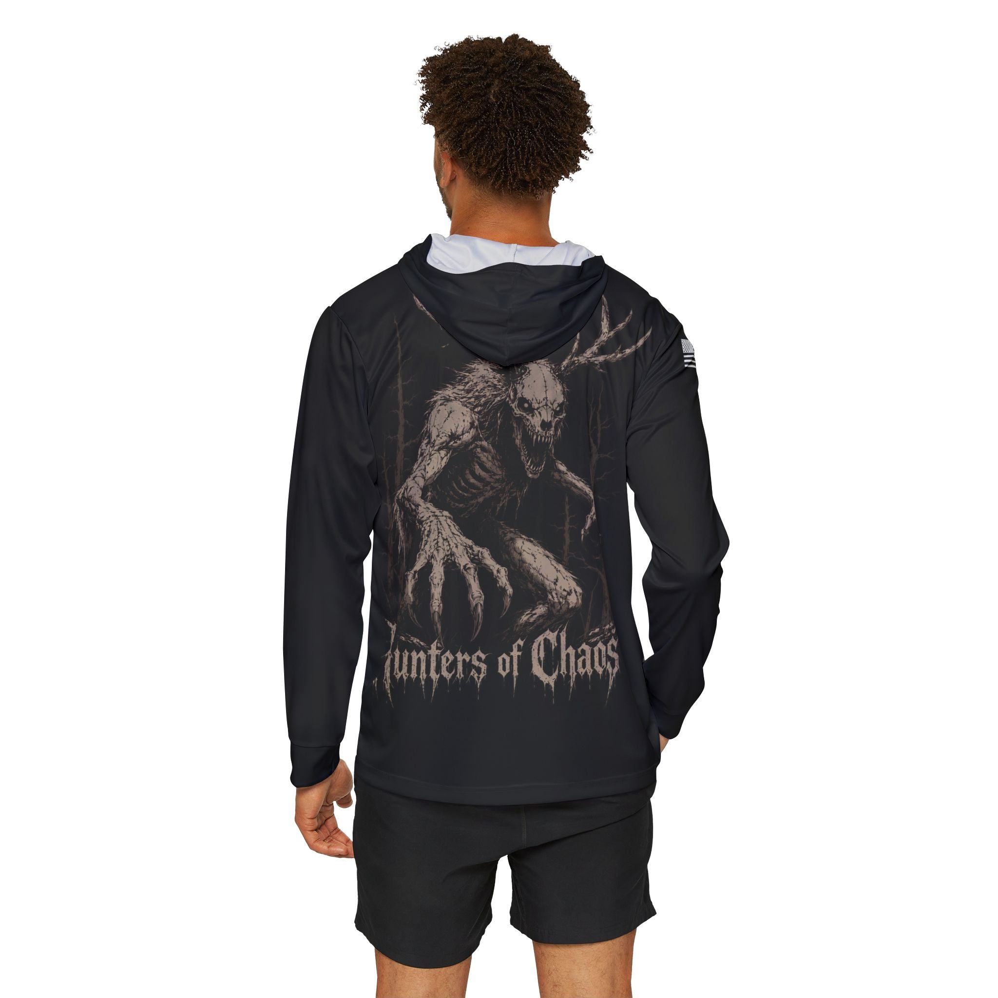 Black sport hoodie back view with large deer graphic and Hunters of Chaos text