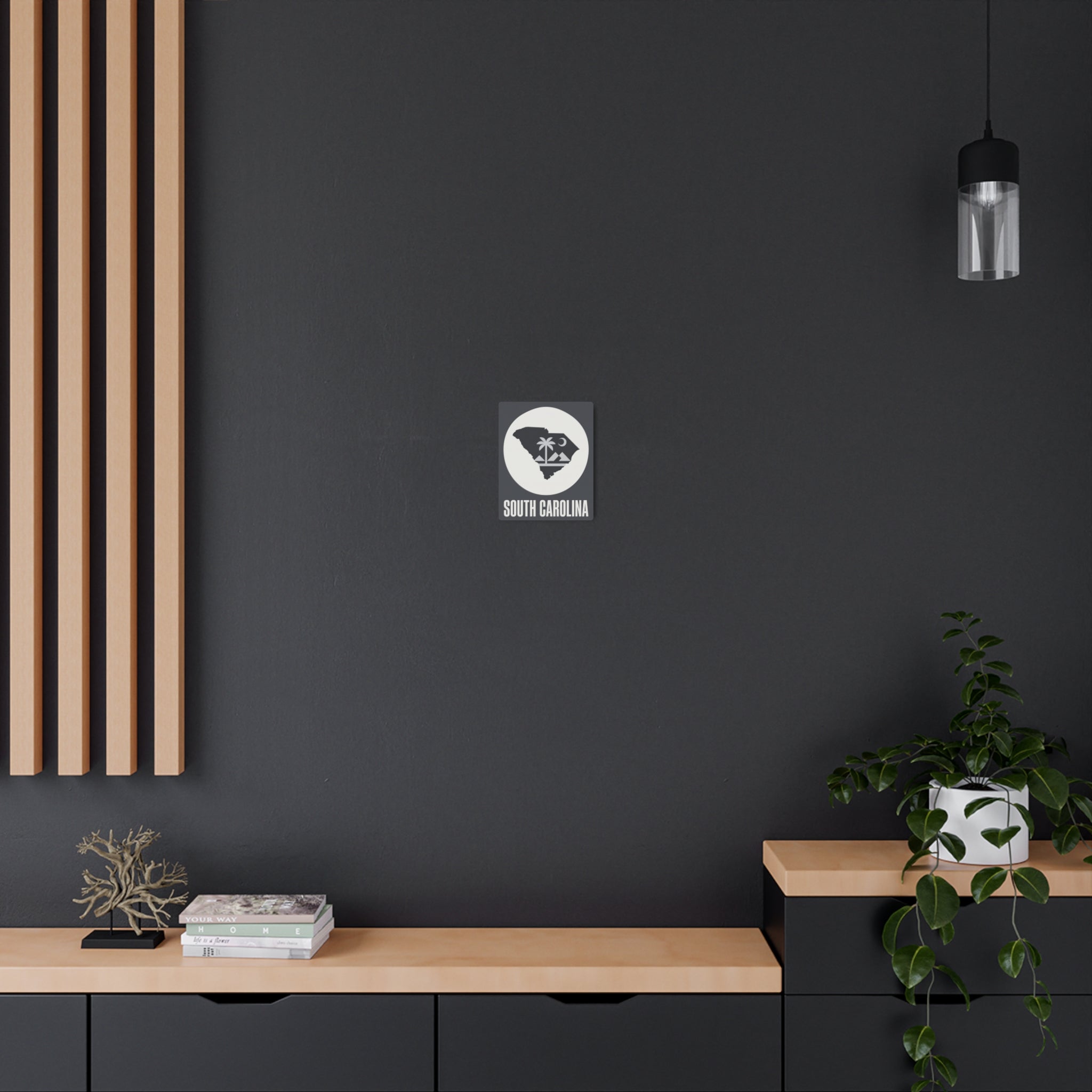 South Carolina metal wall sign, dark gray square with white circular state emblem and text