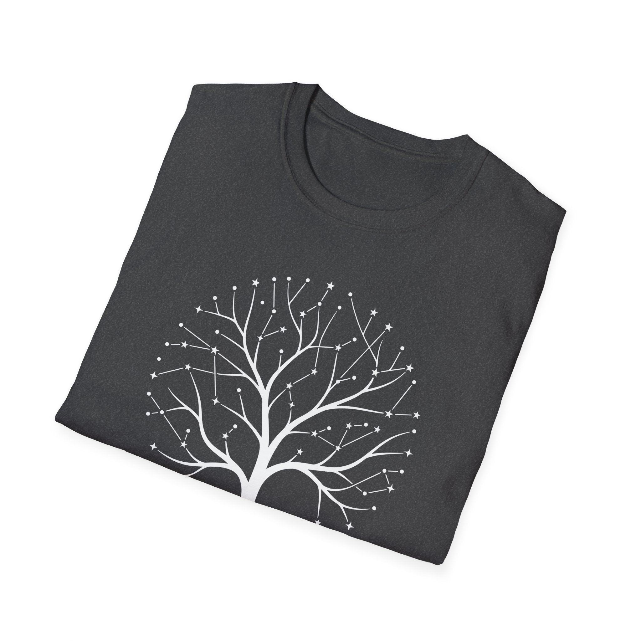 Charcoal short-sleeve T-shirt with large white starry tree roots graphic