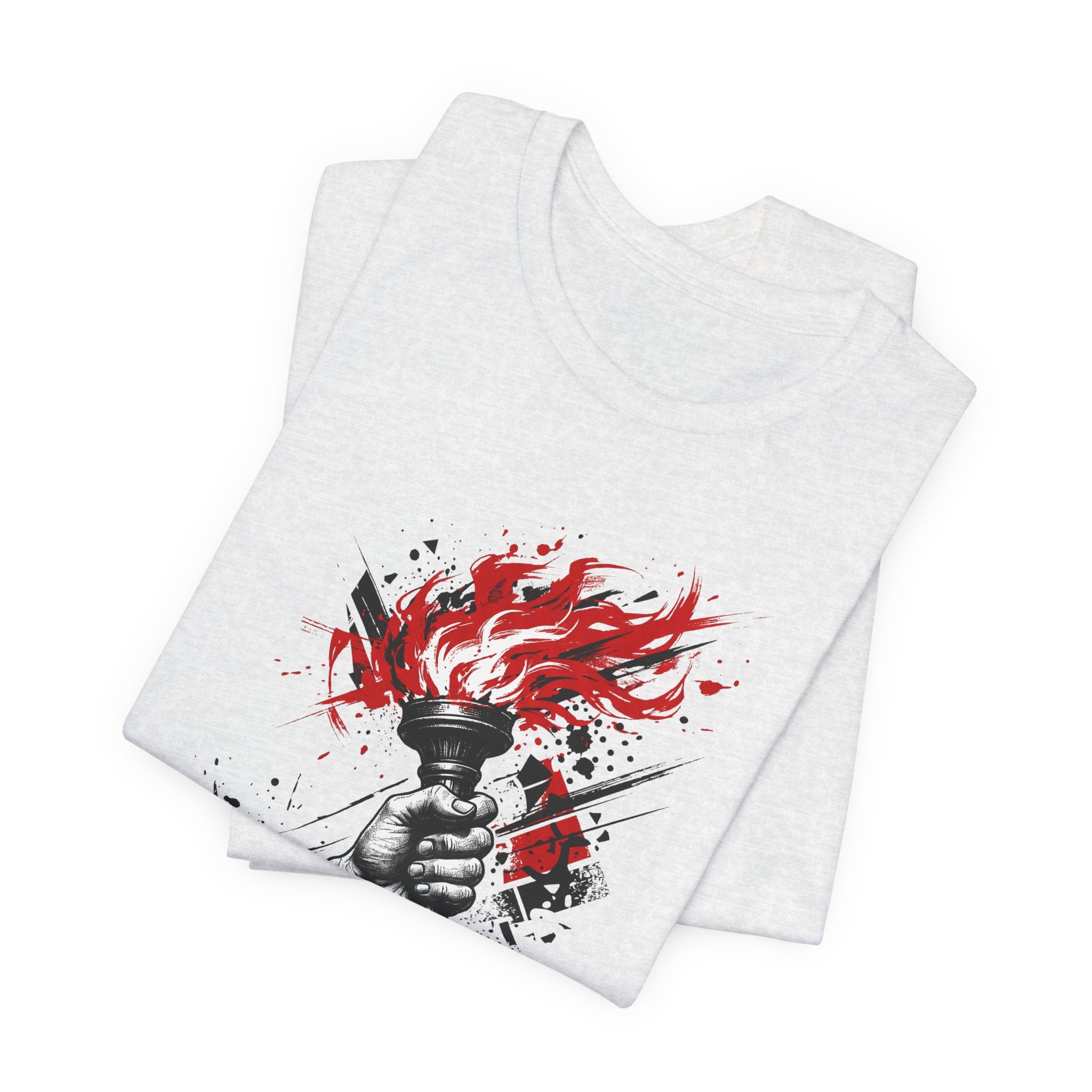 Light gray Liberty torch graphic t-shirts stacked, red flames and black splatter