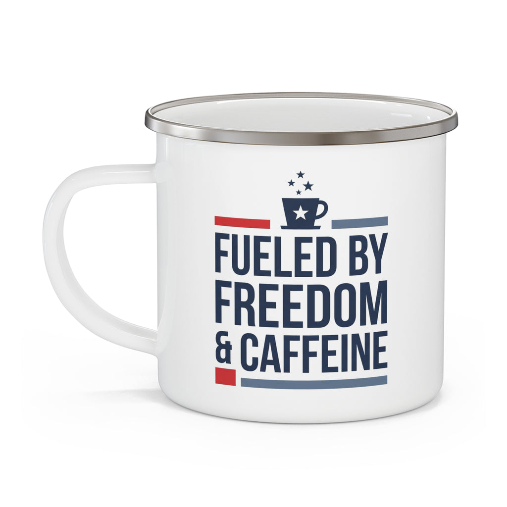 Funny Patriotic Camping Mug | Fueled by Freedom & Caffeine | Enamel Coffee Mug | Gift for Coffee Lovers | Veteran Dad Gift | Camp Cup