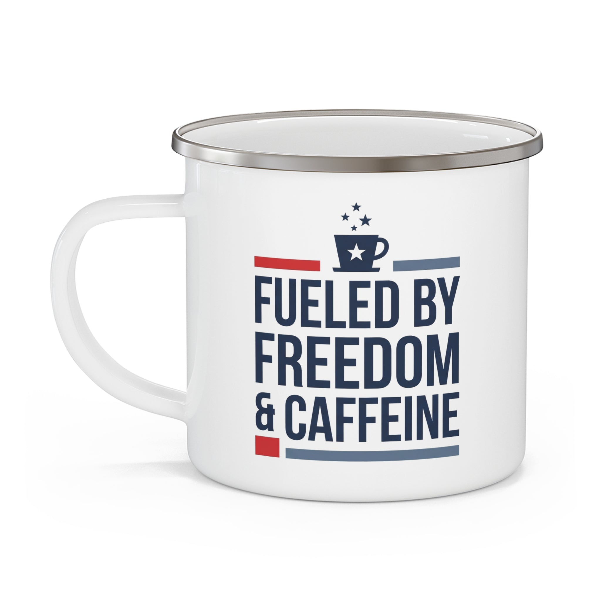 Funny Patriotic Camping Mug | Fueled by Freedom & Caffeine | Enamel Coffee Mug | Gift for Coffee Lovers | Veteran Dad Gift | Camp Cup