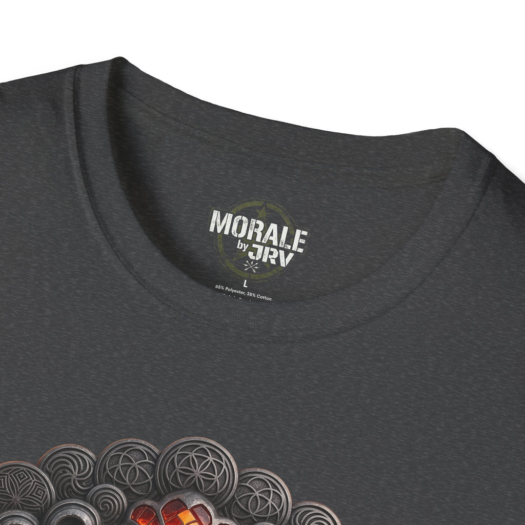 Charcoal T-shirt neck label with partial swirl and volcano graphic detail.