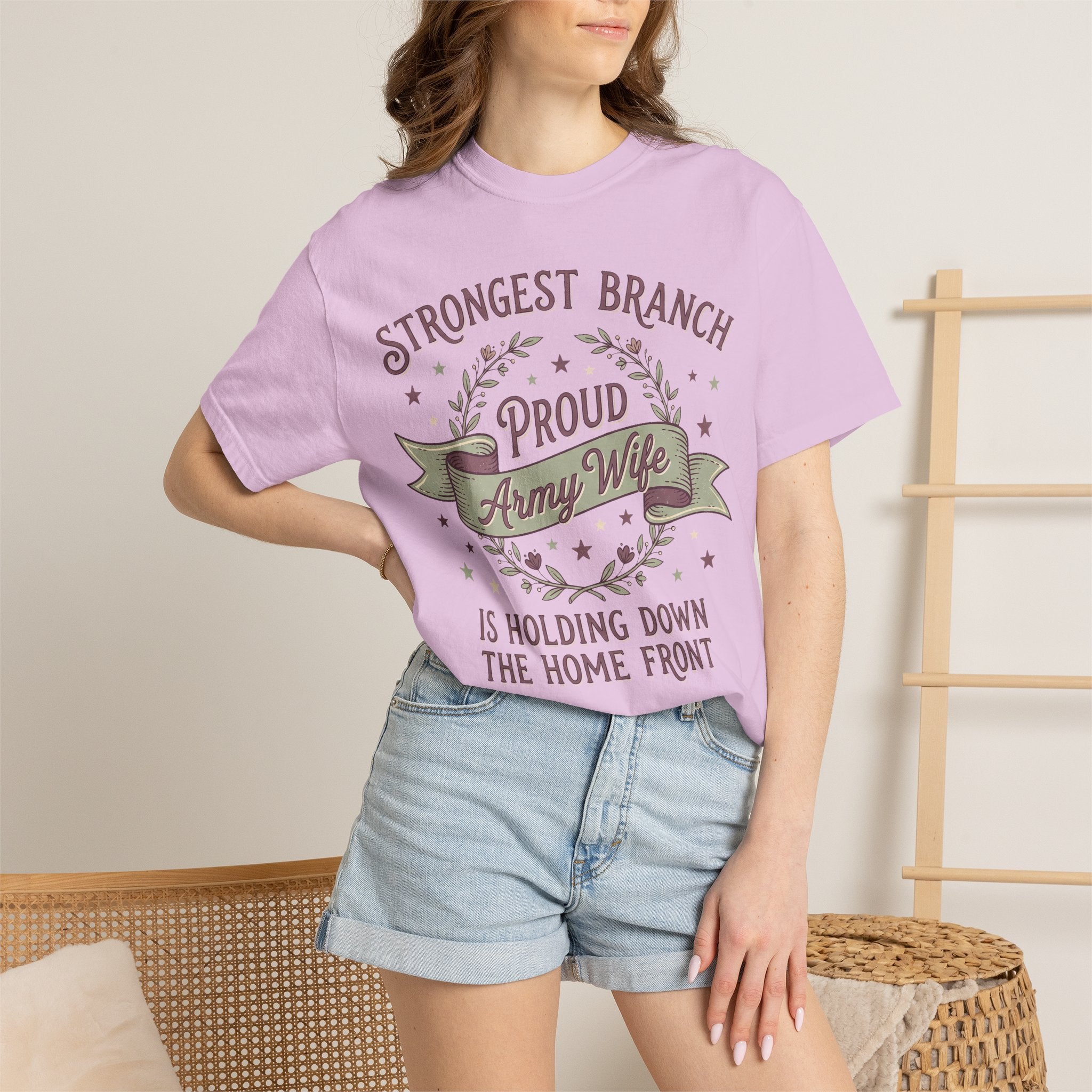 Lavender T-shirt worn front with circular Army Wife graphic and text