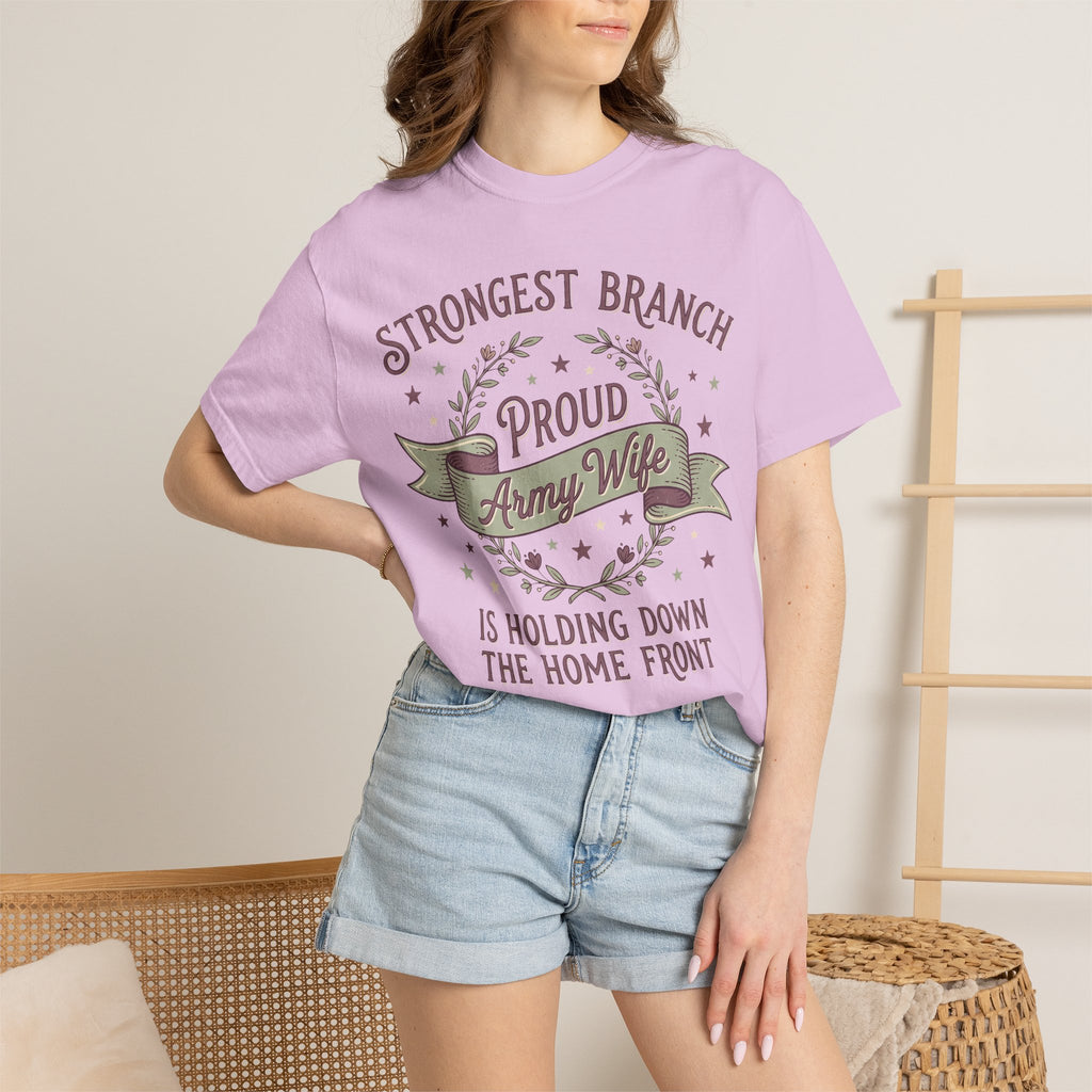 Pink women's T-shirt with 'Proud Army Wife' circular emblem and banner