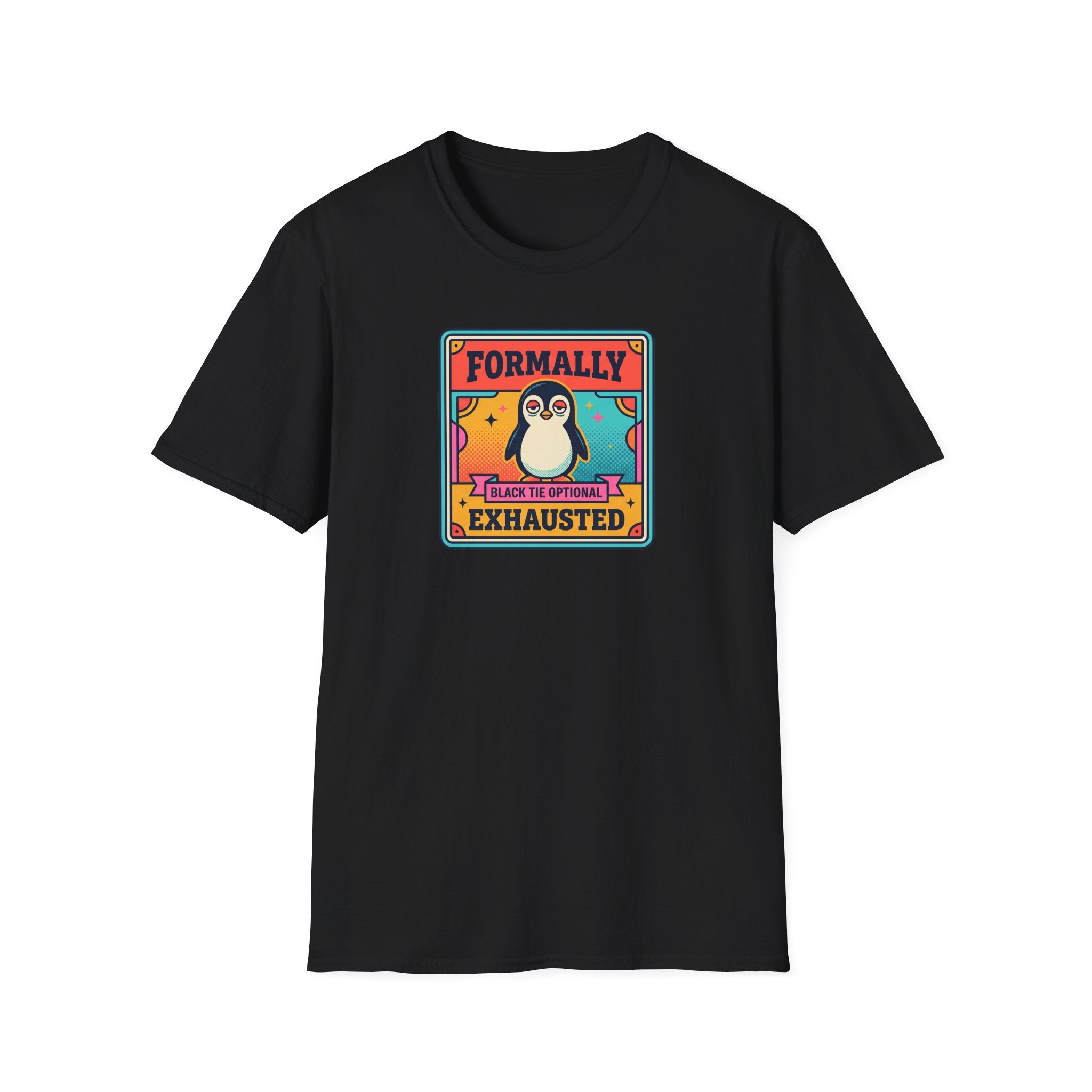 Funny Penguin T-Shirt | Formally Exhausted Black Tie Optional Retro Graphic Tee | Penguin Gift