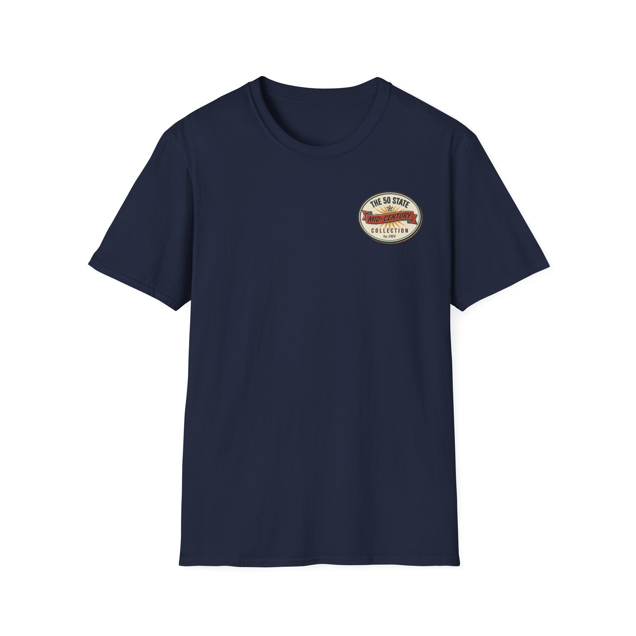 Navy graphic T-shirt with small circular logo at the chest