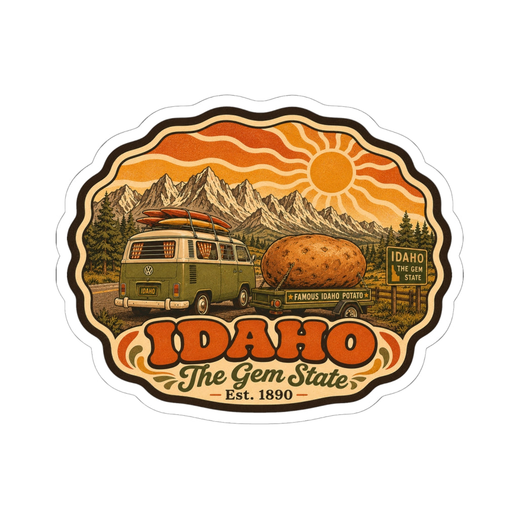 Idaho state sticker showing green van, potato, mountain range and sun, orange retro design, white border.