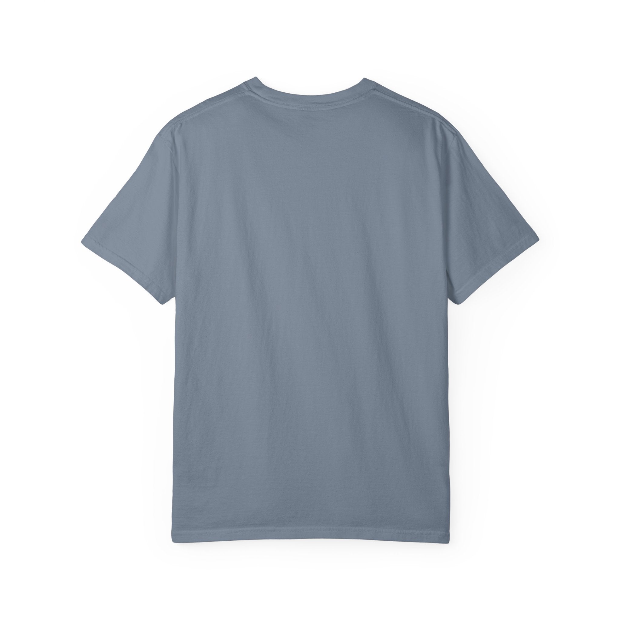 Blue-gray t-shirt, plain back view