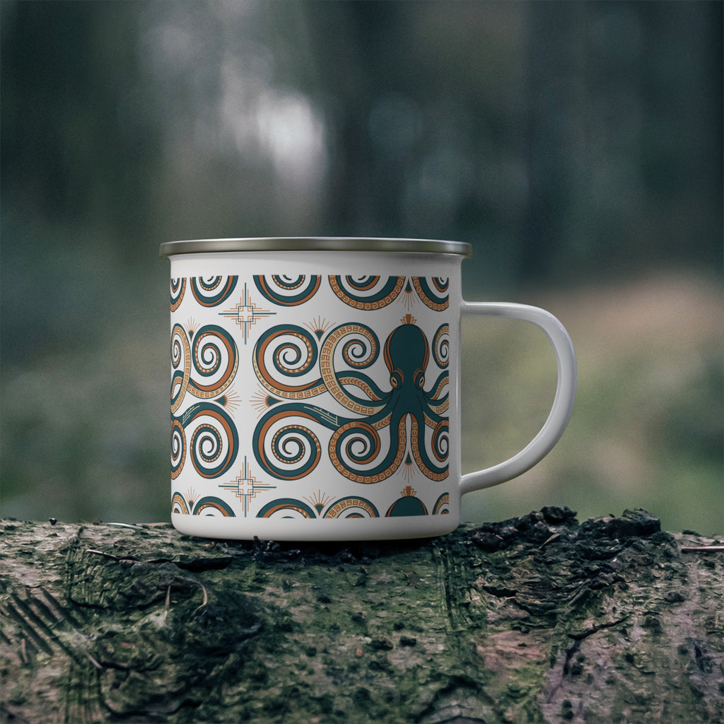 Boho Octopus Enamel Camping Mug | Tribal Swirl Coffee Mug | Nautical Ocean Lover Gift | Aesthetic Boho Mug | Beach Camping Cup Gift