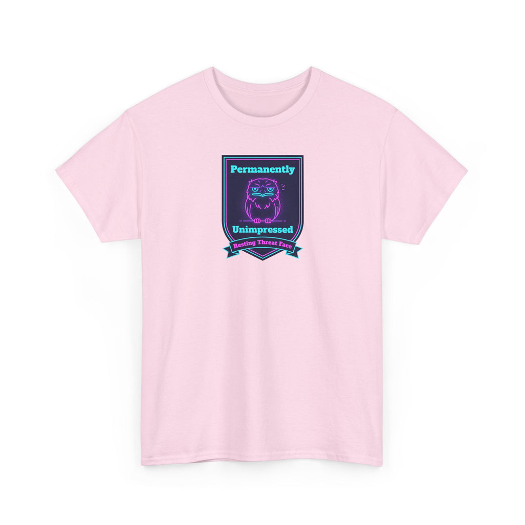 Permanently Unimpressed Badge Tee | Retro Neon Robot Design