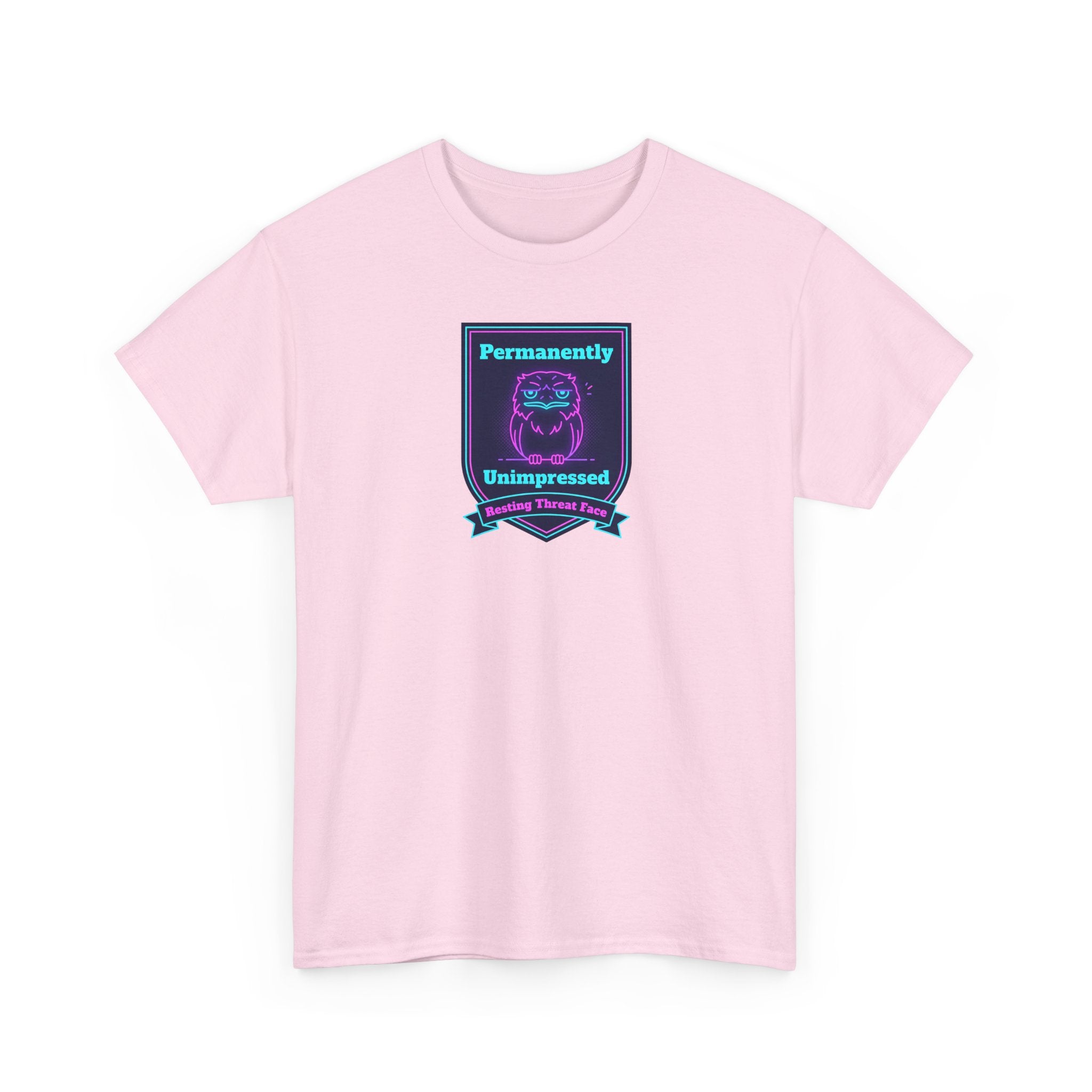 Permanently Unimpressed Badge Tee | Retro Neon Robot Design