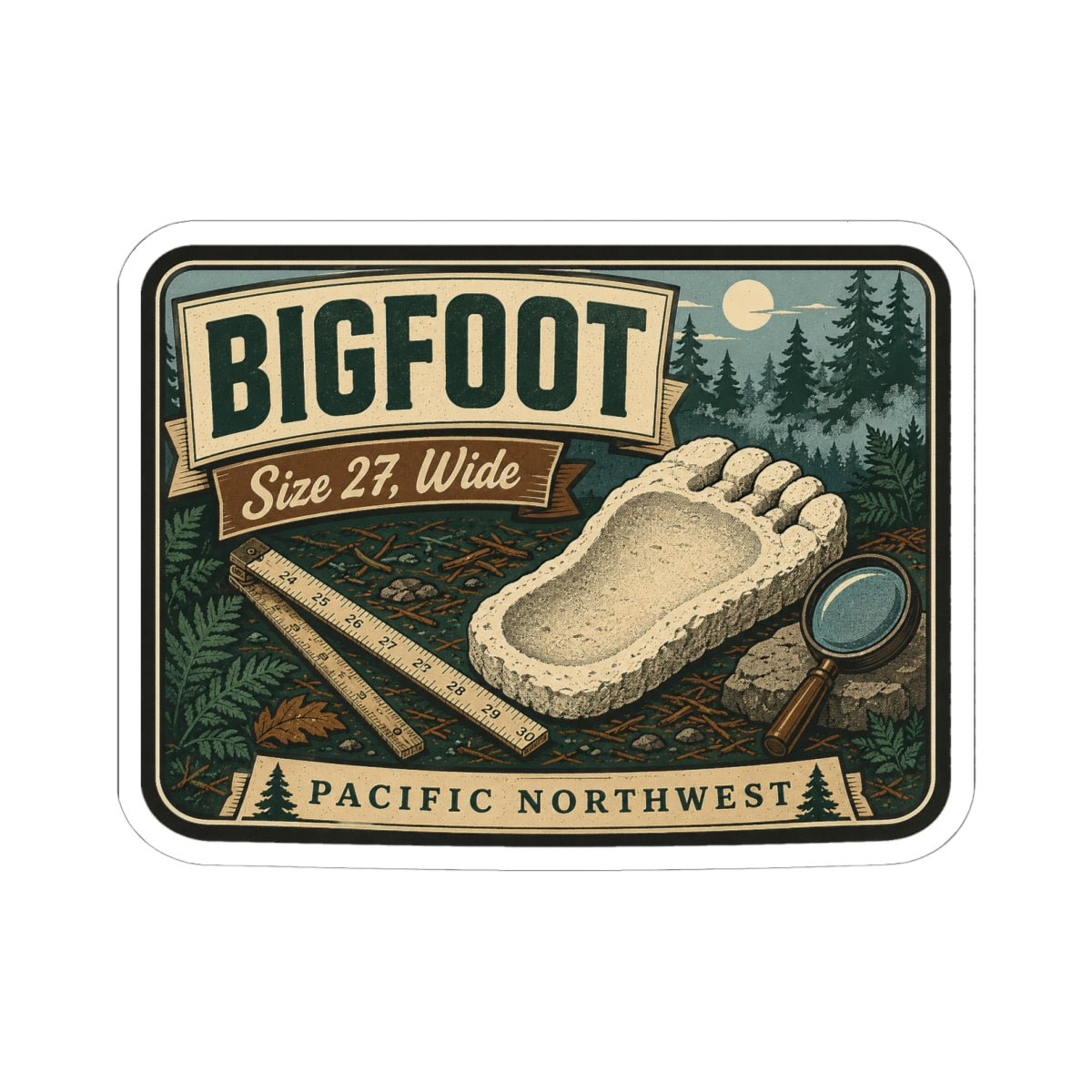 Bigfoot footprint sticker with magnifying glass, ruler, and Pacific Northwest camping artwork