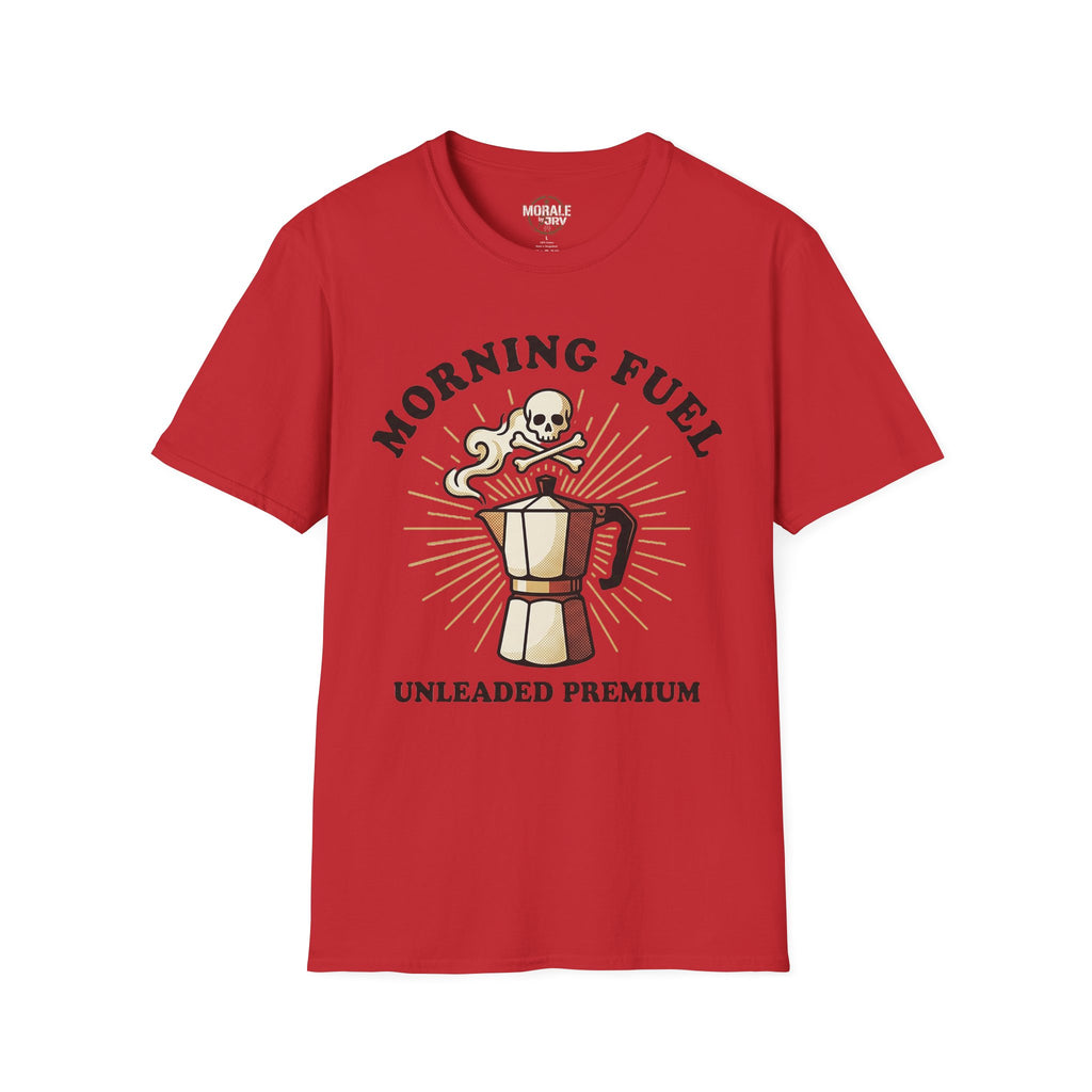 Morning Fuel T-shirt—red with skull moka pot graphic and “UNLEADED PREMIUM”