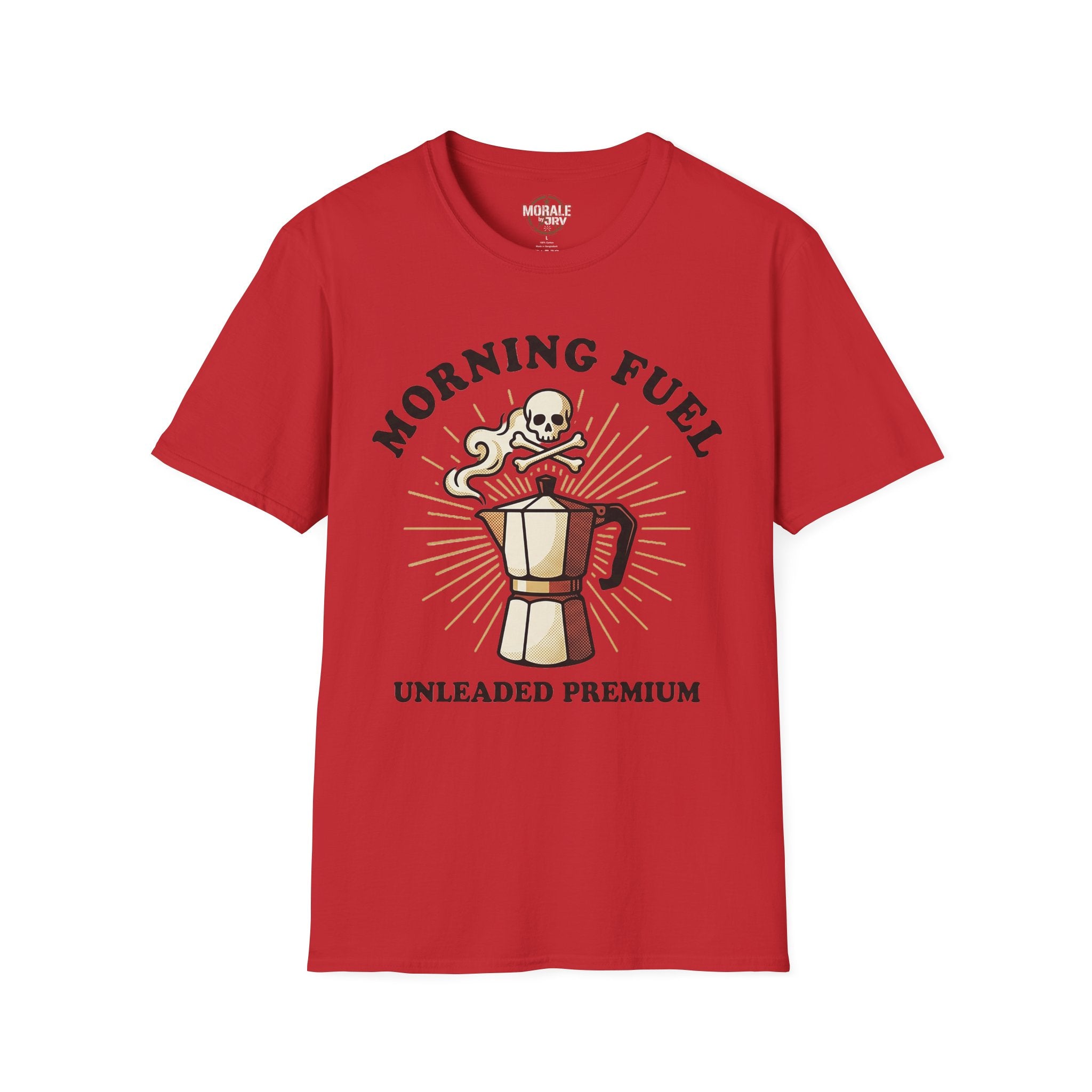 Morning Fuel T-shirt—red with skull moka pot graphic and “UNLEADED PREMIUM”