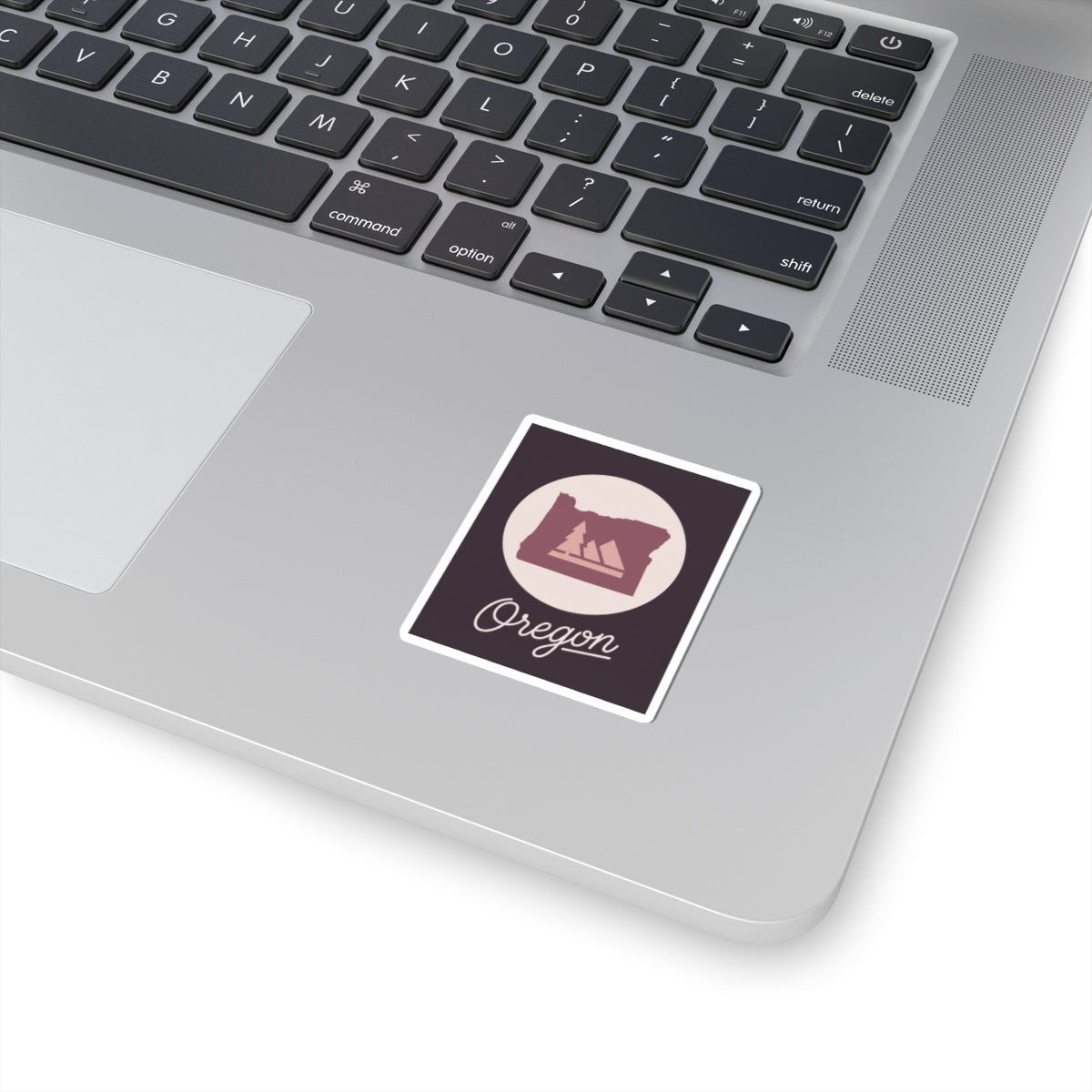 Square Oregon state decal with mountain silhouette, kiss-cut white border