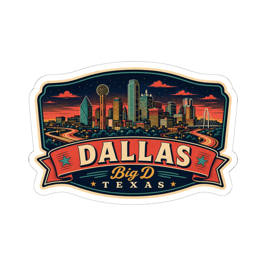 Dallas travel luggage tag sticker showing skyline at sunset with Big D Texas lettering