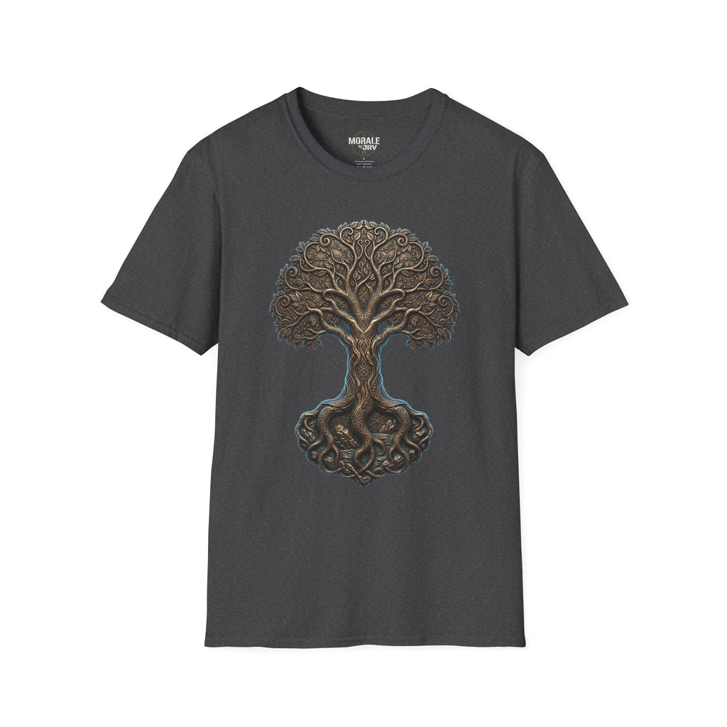 Dark heather T-shirt with Celtic Tree of Life knotwork oak graphic