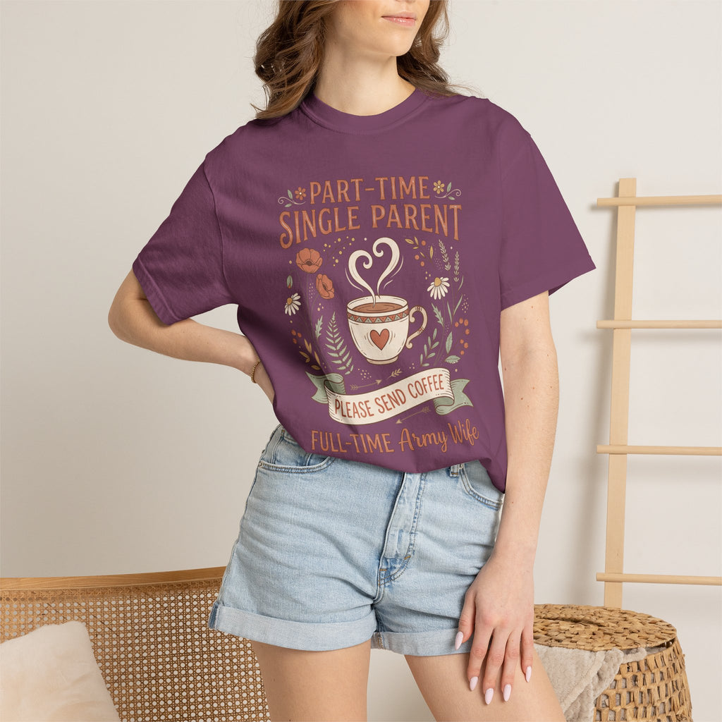 Purple graphic T-shirt on model with “Part-Time Single Parent” coffee motif