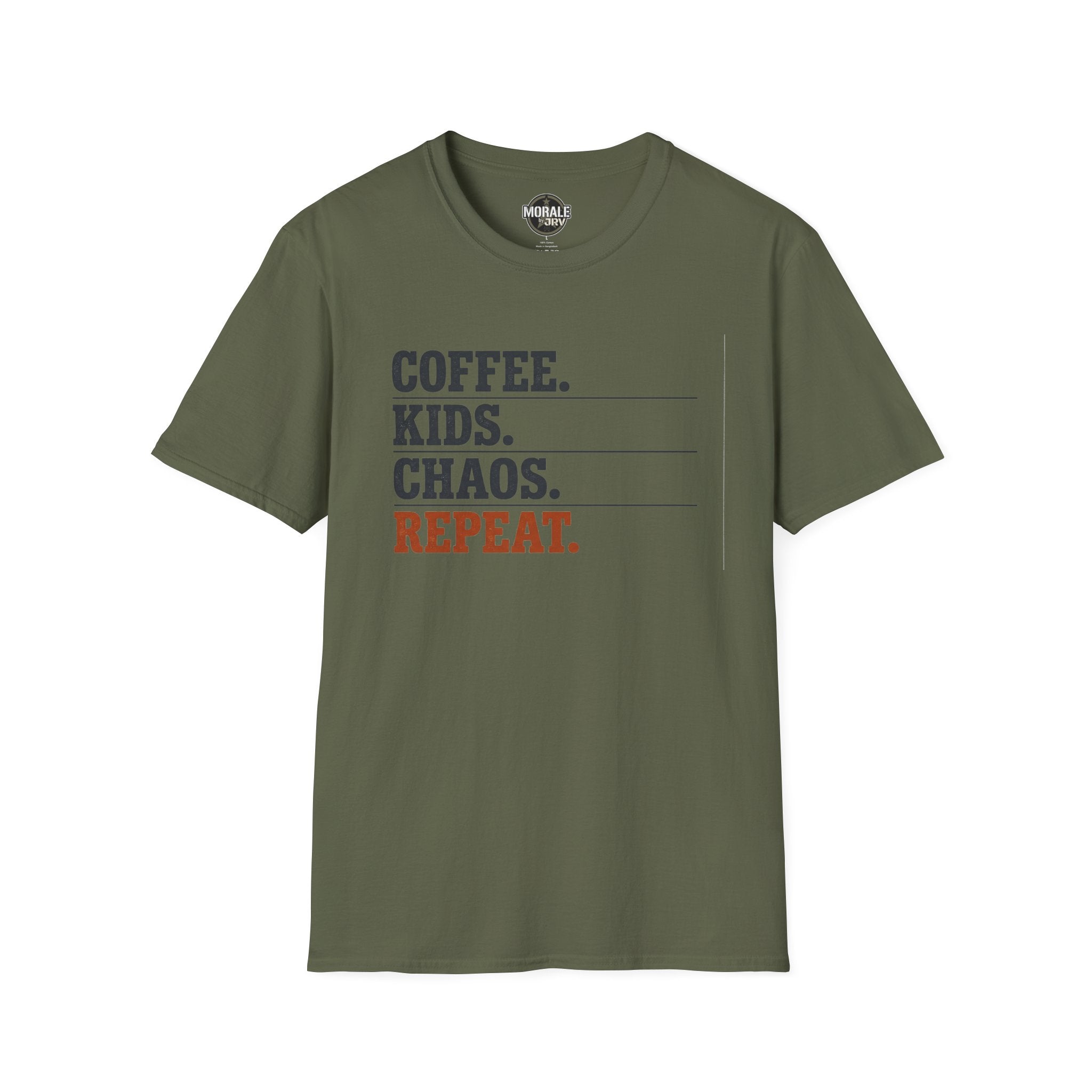 Coffee Kids Chaos Repeat T-Shirt (military green) with faded stacked text print