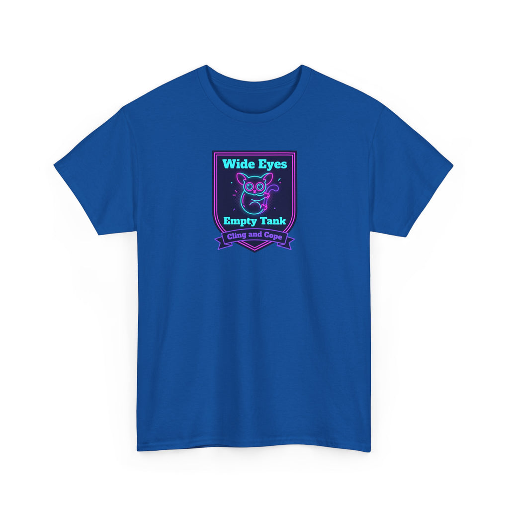 Wide Eyes Empty Tank T-shirt | Owl Illustration, Neon Purple & Teal Badge