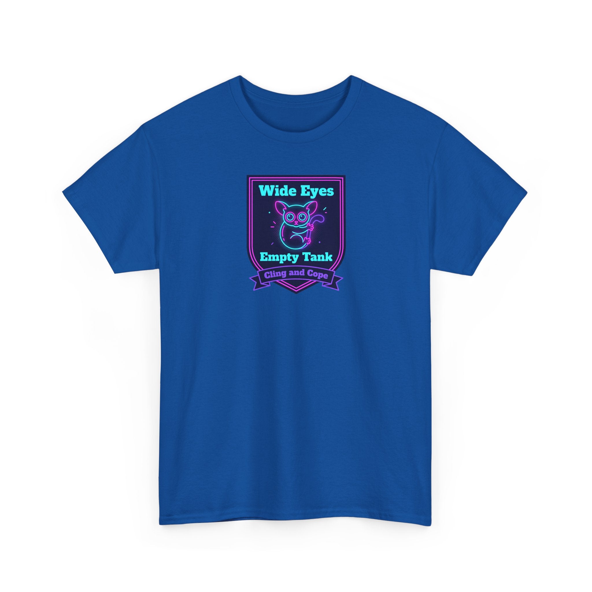 Wide Eyes Empty Tank T-shirt | Owl Illustration, Neon Purple & Teal Badge
