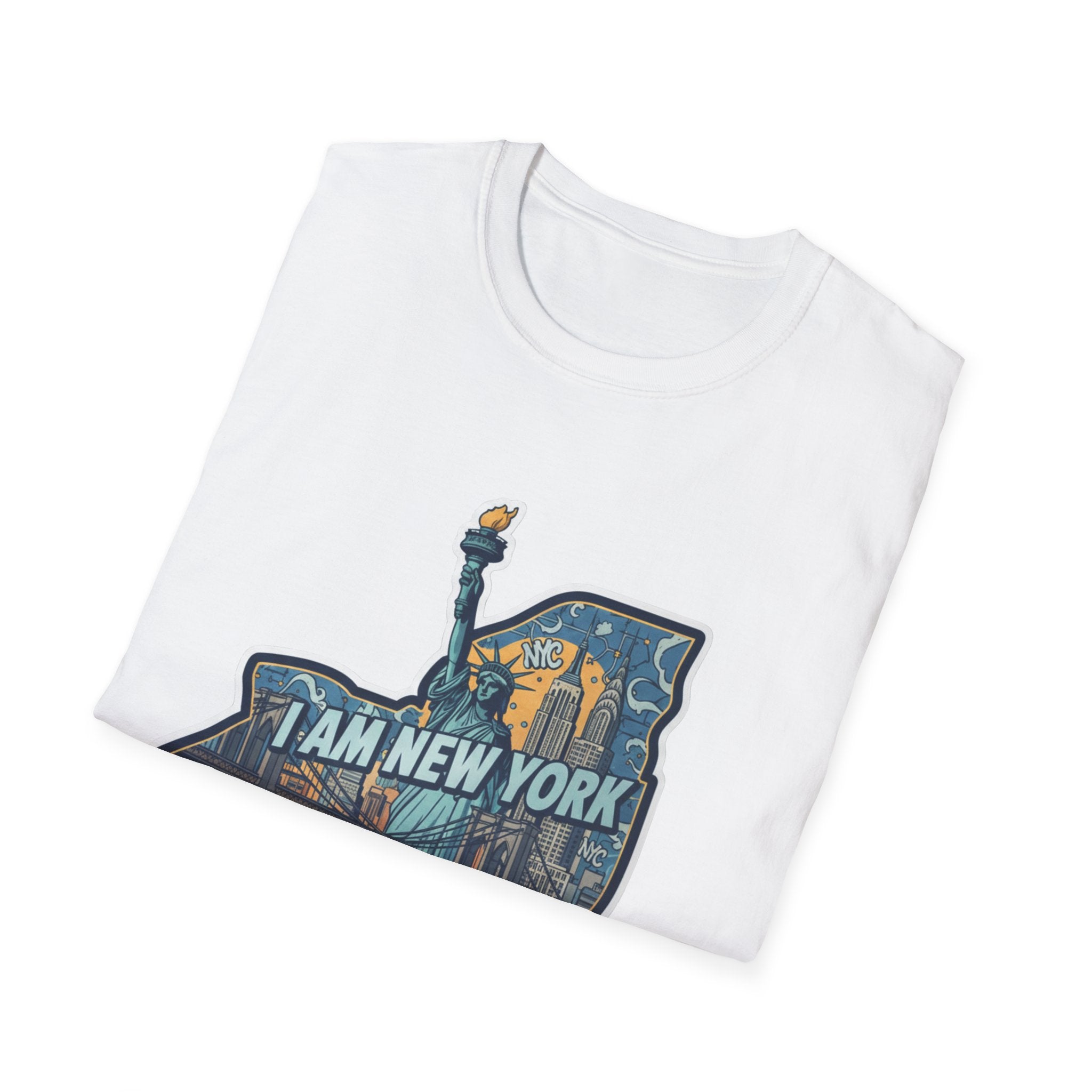 White I Am New York T-shirt with large NYC skyline graphic