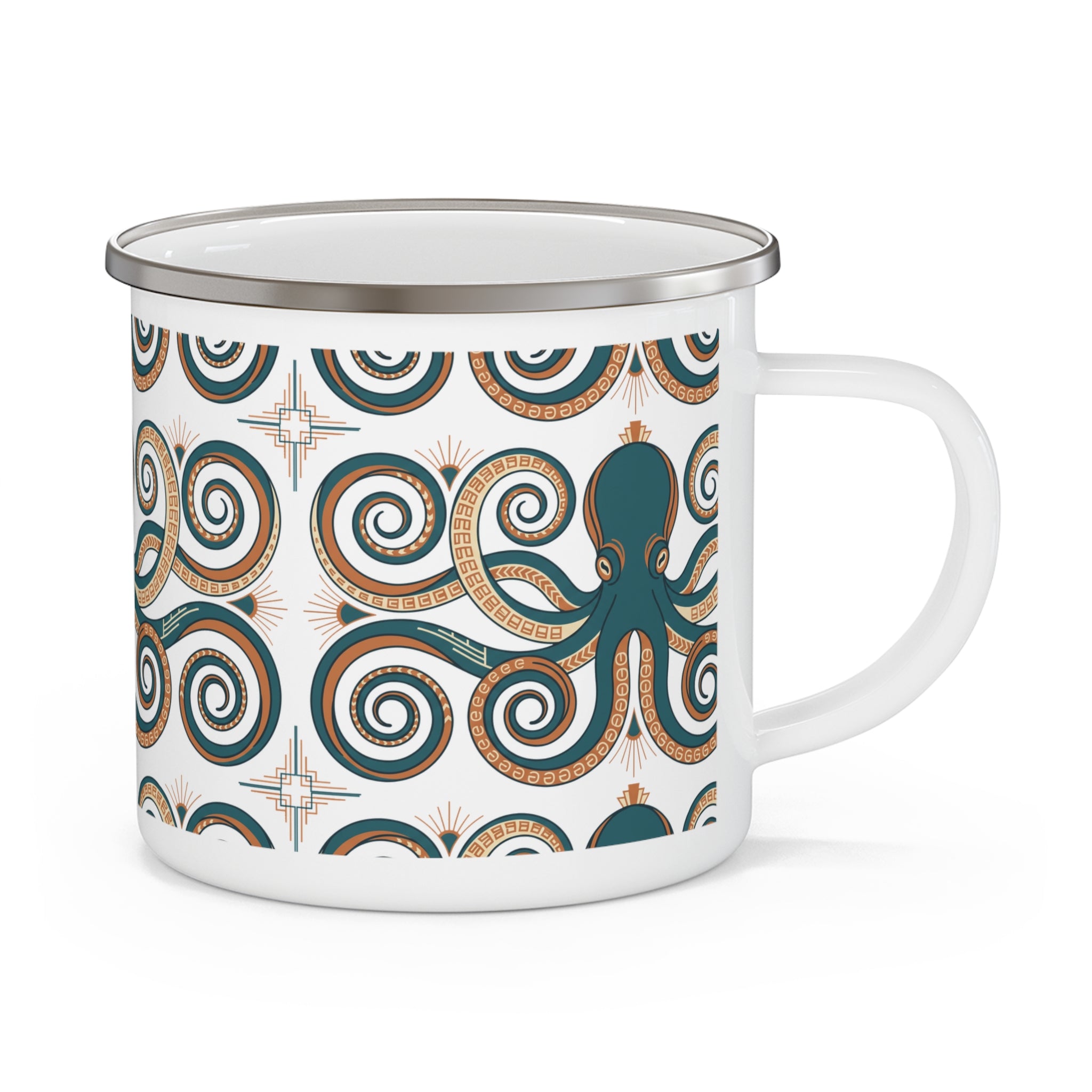Boho Octopus Enamel Camping Mug | Tribal Swirl Coffee Mug | Nautical Ocean Lover Gift | Aesthetic Boho Mug | Beach Camping Cup Gift
