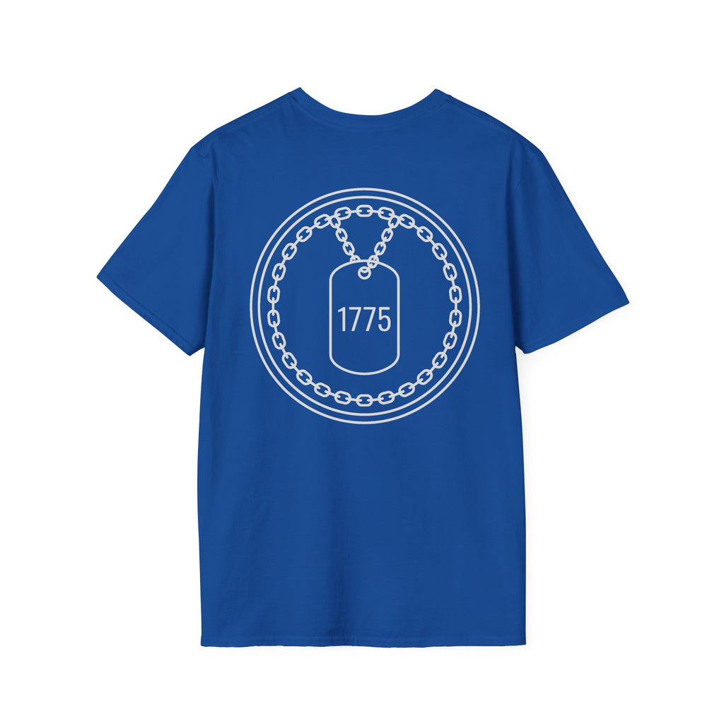 Royal blue T-shirt with 1775 dog tag emblem in circle with chain print
