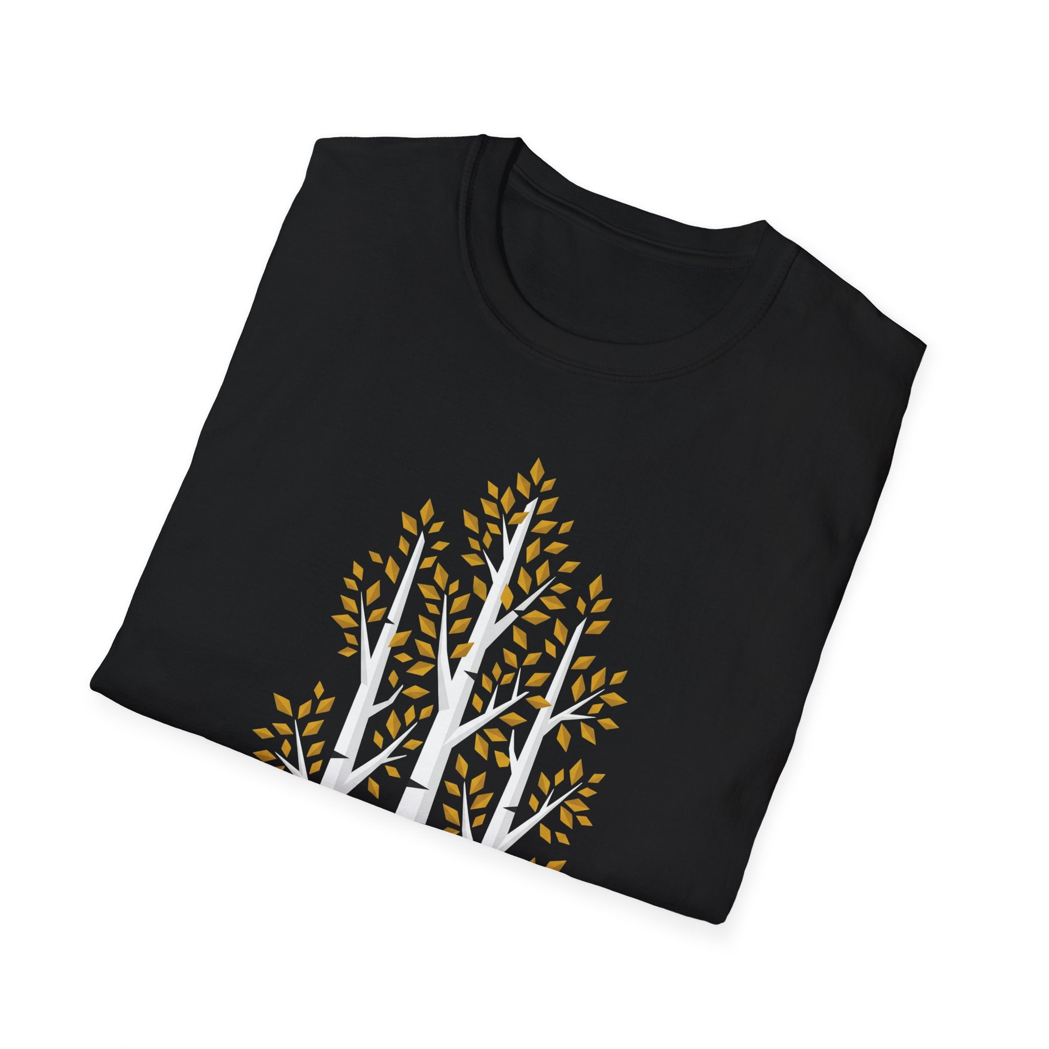 Dark T-shirt with birch forest graphic: white trunks and gold autumn leaves