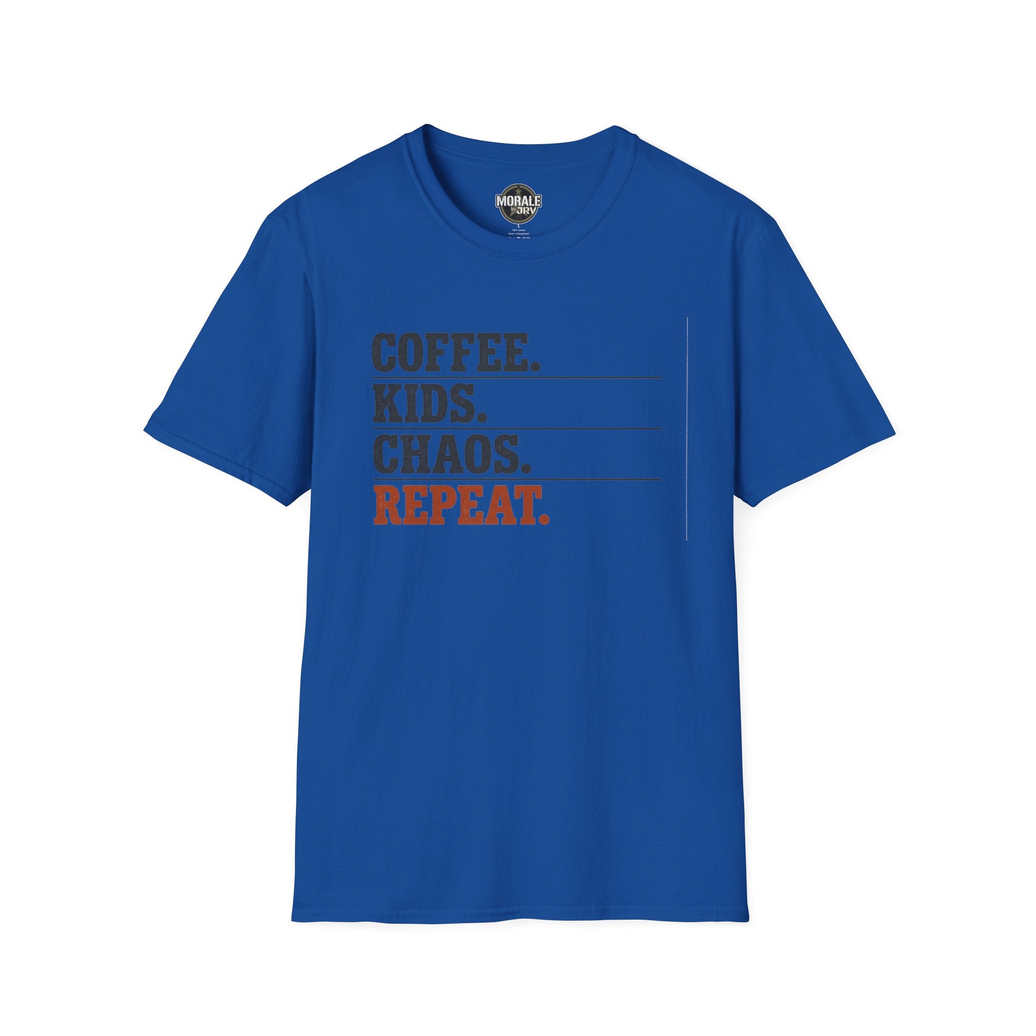 Royal Blue T-shirt with “COFFEE. KIDS. CHAOS. REPEAT.” graphic print
