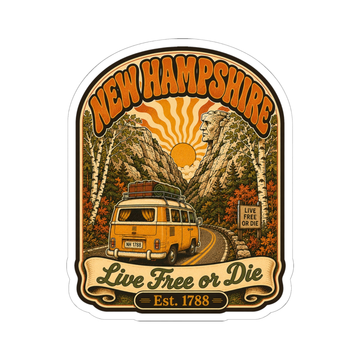 Round kiss-cut New Hampshire sticker showing yellow camper, forest scene, sunrise, and “Live Free or Die”