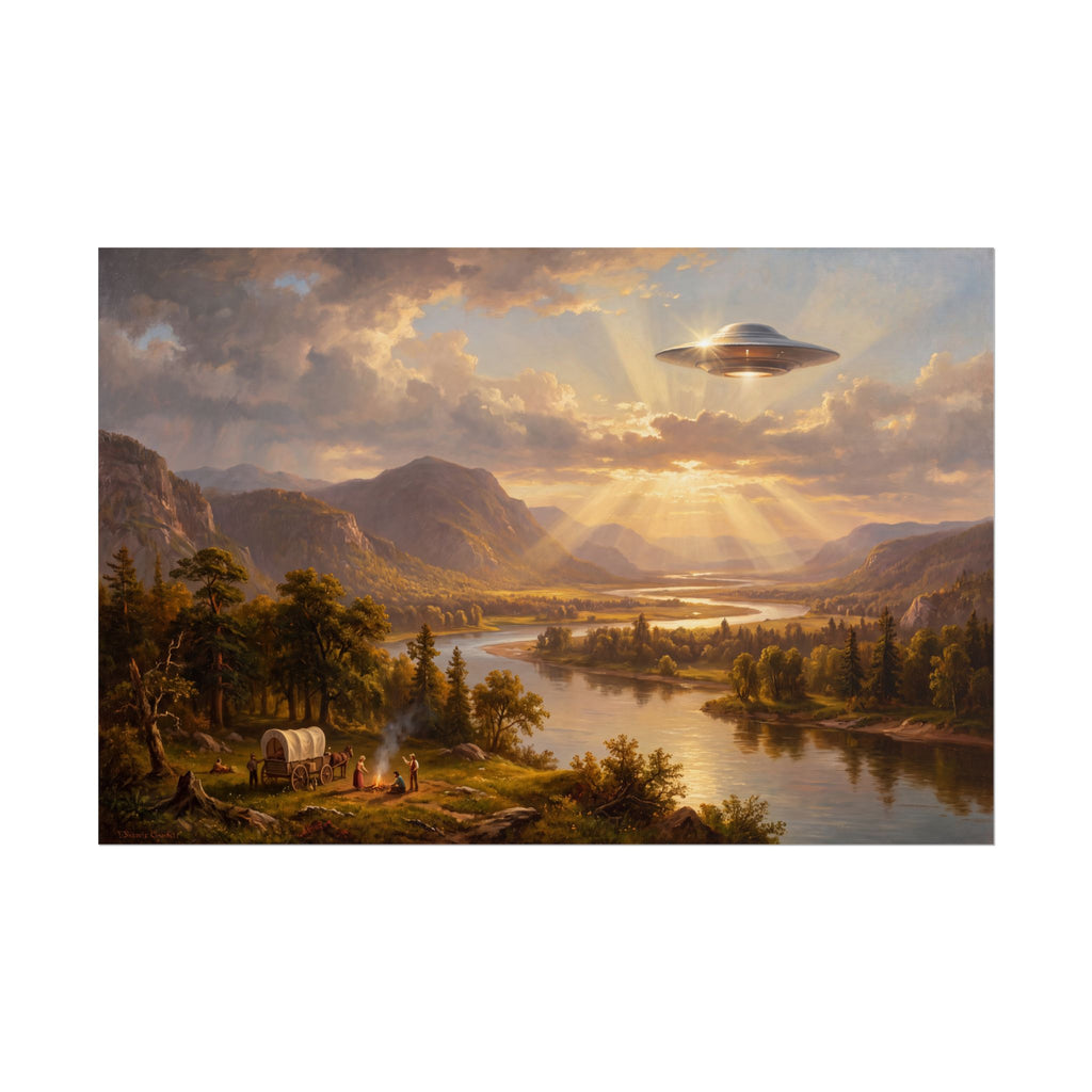 Landscape poster artwork with river valley, golden sun rays, and hovering saucer