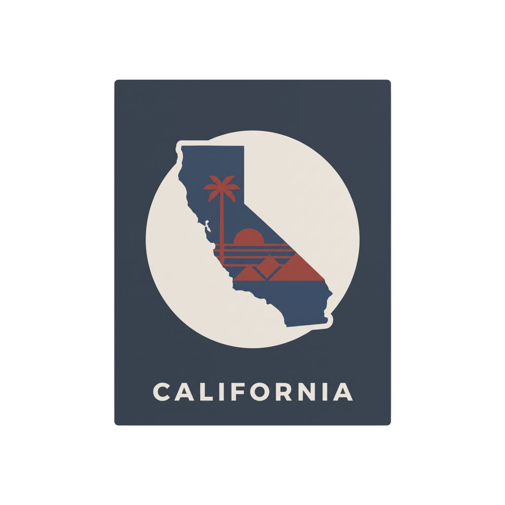 Blue California silhouette metal wall art sign with palm sunset details and CALIFORNIA text