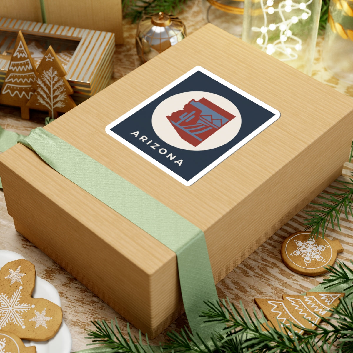 Arizona sticker on gift wrap, square border showing cactus desert icon and “ARIZONA”