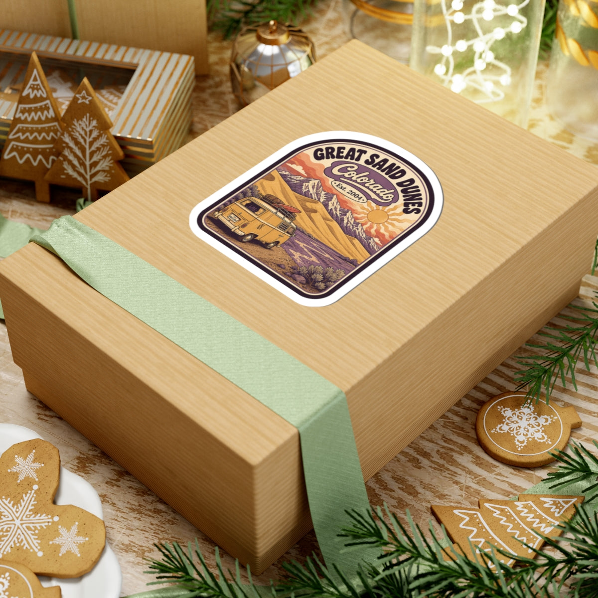 Great Sand Dunes Colorado sticker on a gift box lid; vintage camper van desert dunes scene
