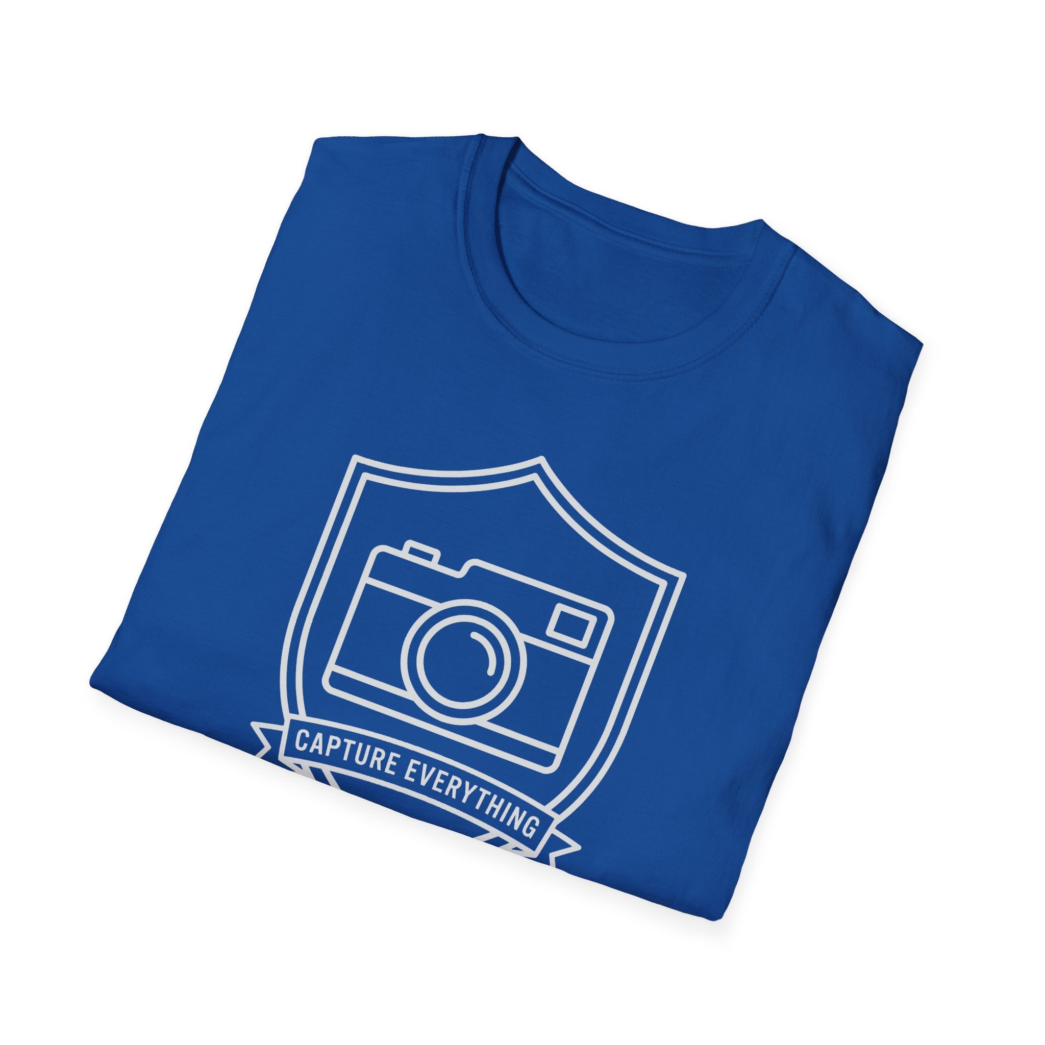 Royal blue T-shirt with vintage camera emblem and 'CAPTURE EVERYTHING' banner