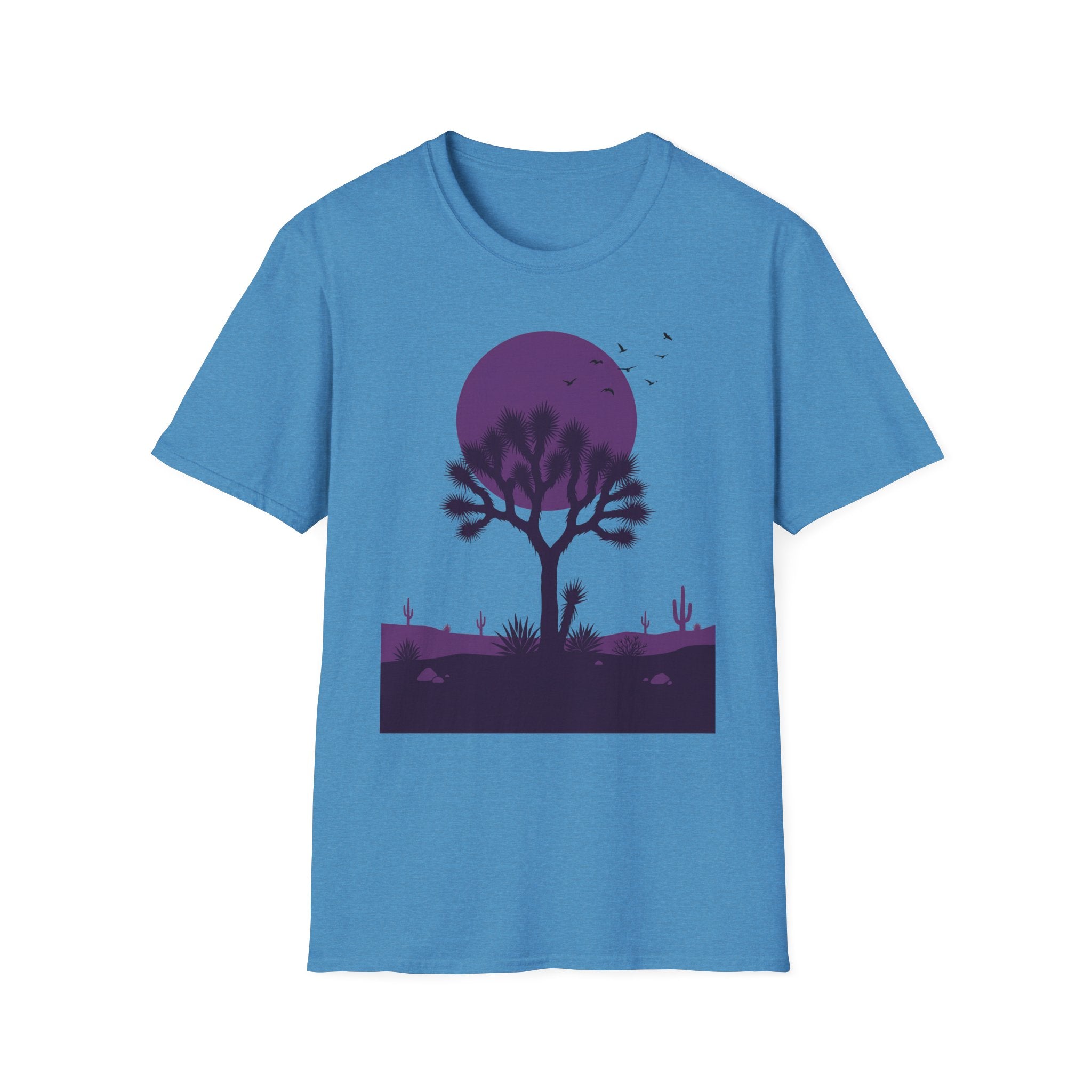 Blue T-shirt with purple moon and Joshua tree desert landscape silhouette graphic