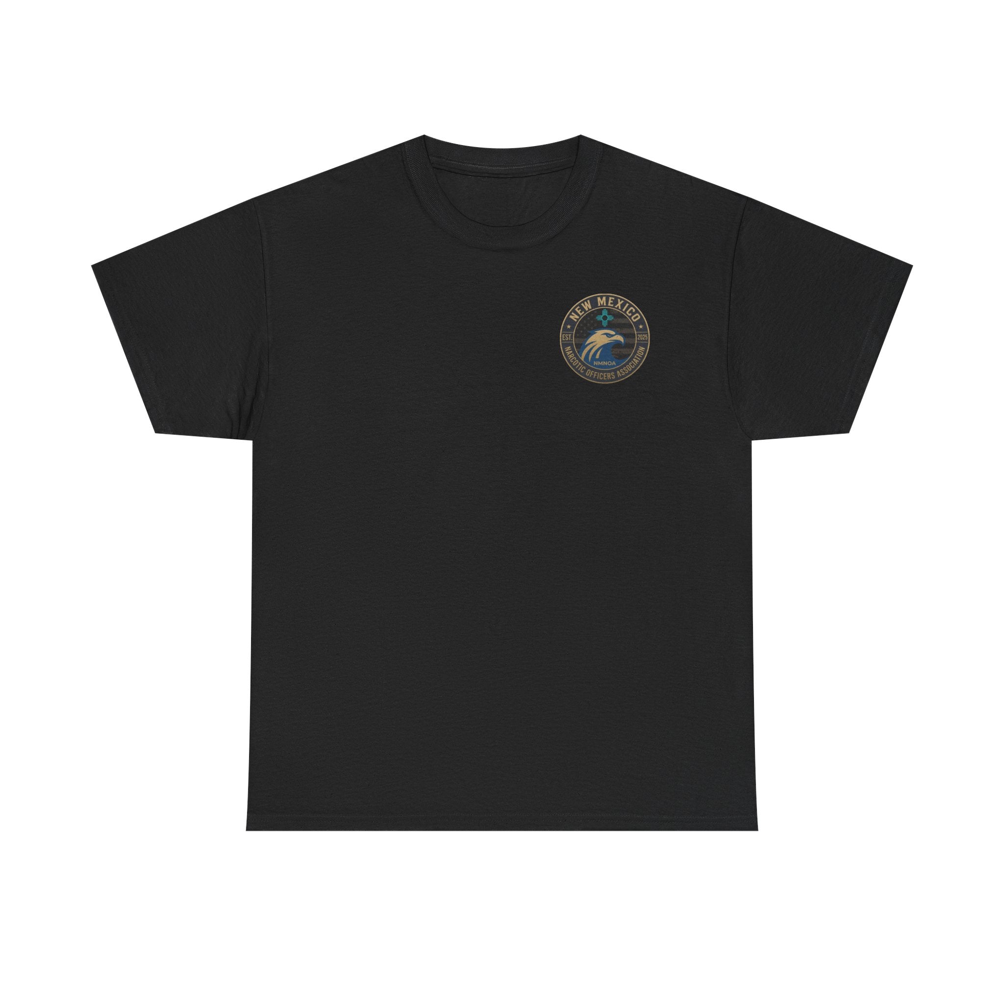 Black crewneck tee, centered front view with small circular chest logo