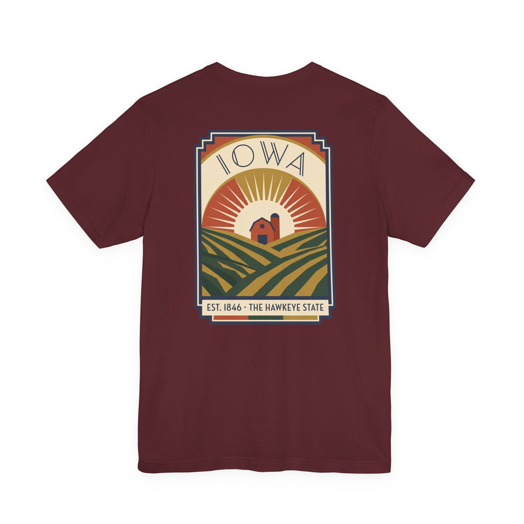 Maroon t-shirt with centered IOWA art deco farm scene graphic